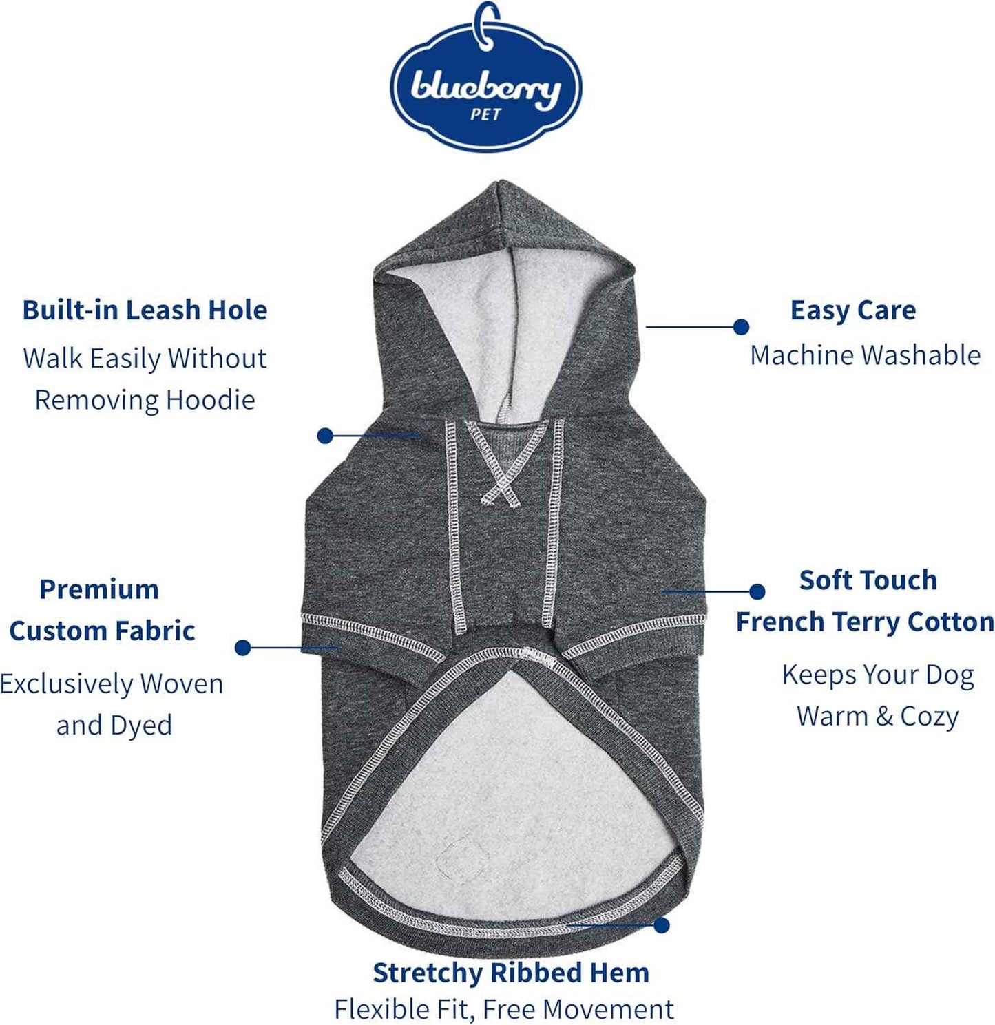 Blueberry Pet Essentials Dog Hoodie – 10 inch, Cotton‑Blend Sweatshirt with Hood, Charcoal Grey, Machine‑Washable Small‑Dog Jersey