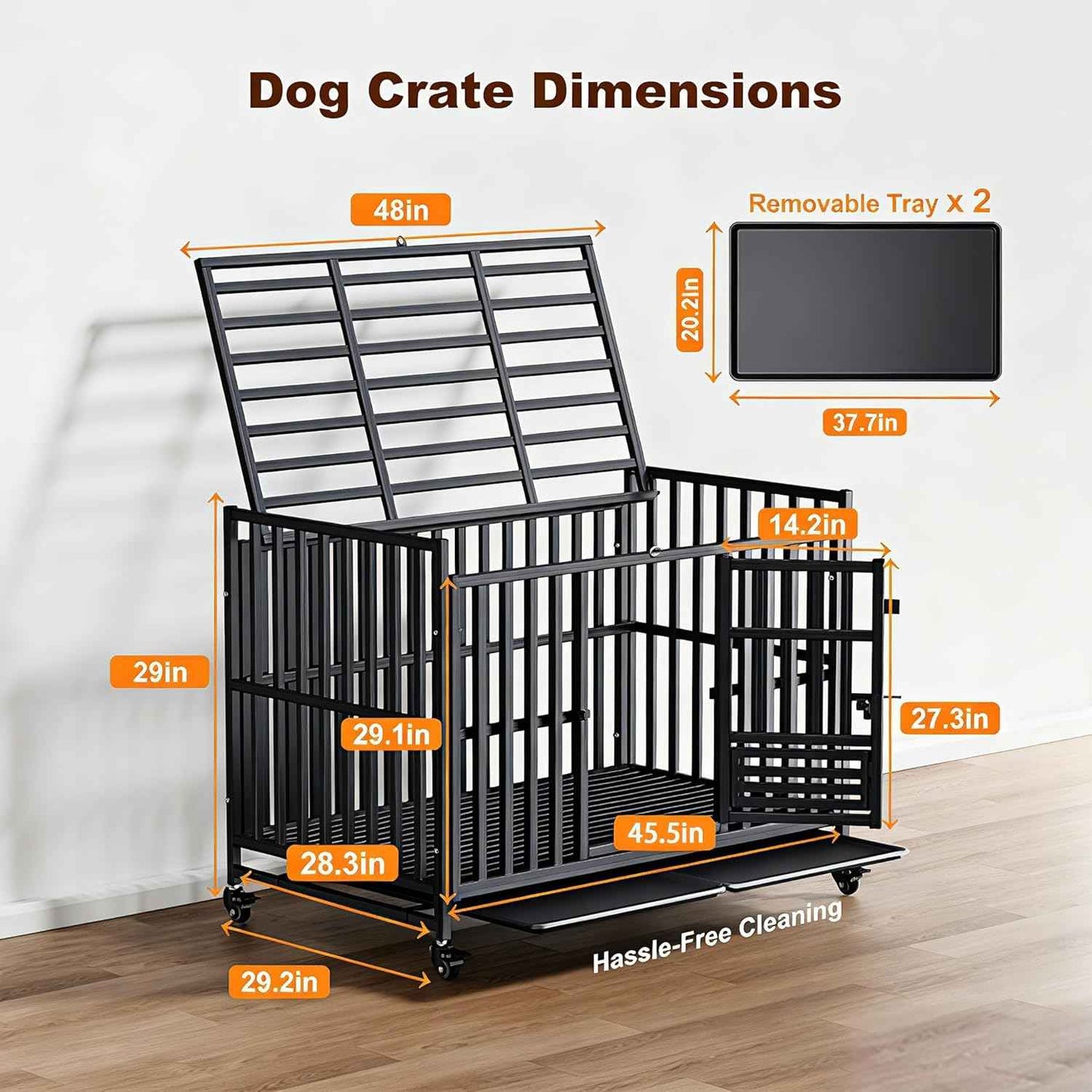 Heavy Duty Dog Crate, Reinforced Thickened Steel Frame Indestructible Kennel for Large & High Anxiety Dogs, Escape Proof Design with 3 Doors, 4 Lockable Wheels and 2 Removable Trays (48 Inch)