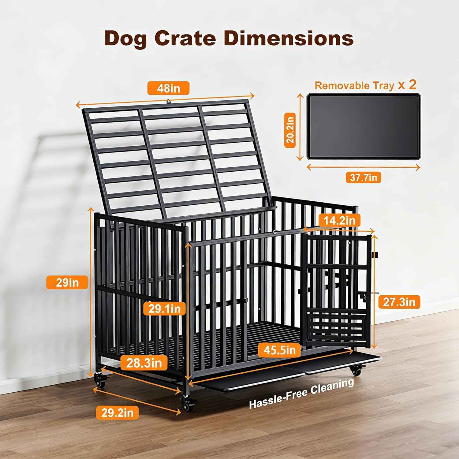 Heavy Duty Dog Crate, Reinforced Thickened Steel Frame Indestructible Kennel for Large & High Anxiety Dogs, Escape Proof Design with 3 Doors, 4 Lockable Wheels and 2 Removable Trays (48 Inch)