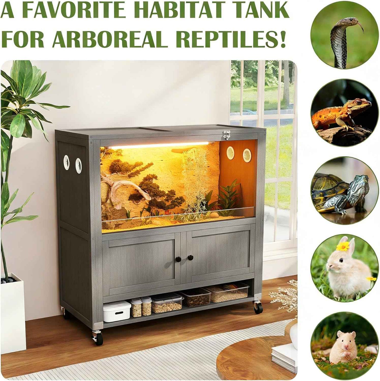 COCO DESIGN 45 Gallon Reptile Tank, Bearded Dragon Tank Reptile Enclosure with Mesh Top Fron, Integrated Sliding Lockable Doors with Storage Cabinet Large Habitat for Snake Tank Lizard Turtle