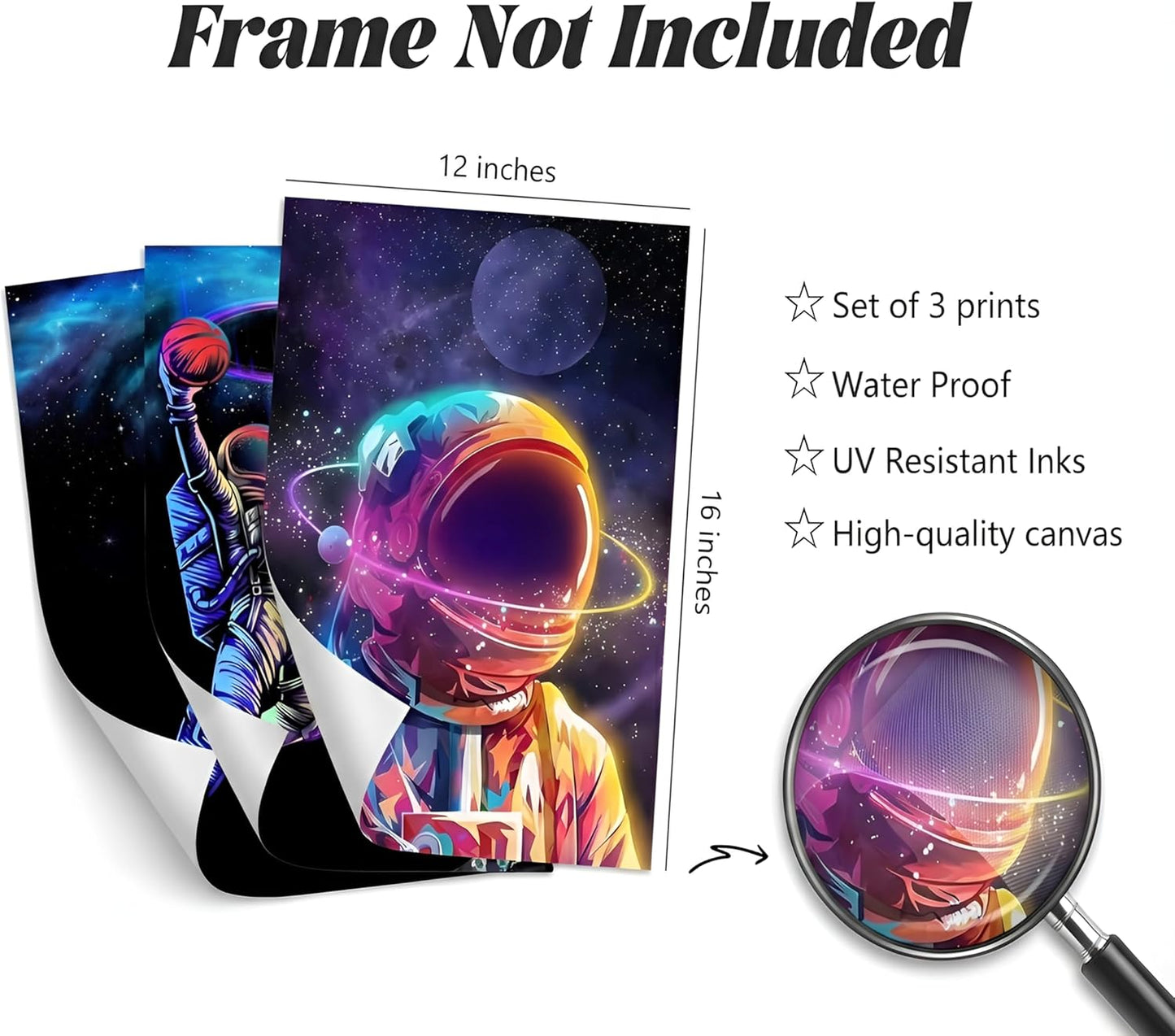 3pcs Cool Astronaut Canvas Wall Art Funny Whimsical Spaceman Basketball Posters Prints Paintings Universe Space Boy Wall Decor Pictures for Teen Boys Room Living Room Bedroom Decoration Unframed
