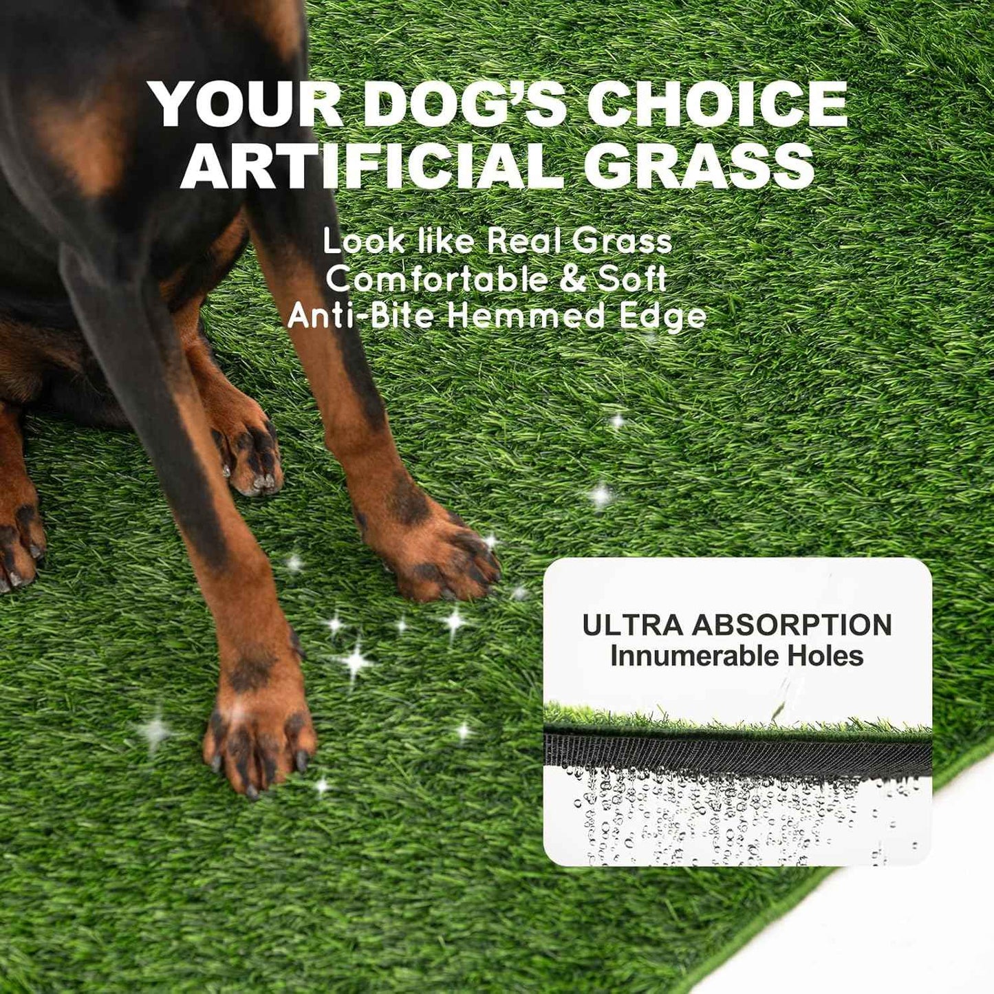 HQ4US 4LEGS Dog Grass Pad with Tray Large 34’’×23’’, Ultra-Absorbent Artificial Grass Pad for Dogs Potty Grass Hemmed Edge for Indoor Potty Training, Reusable Dogs Pee Pads, Dog Litter Box for Balcony