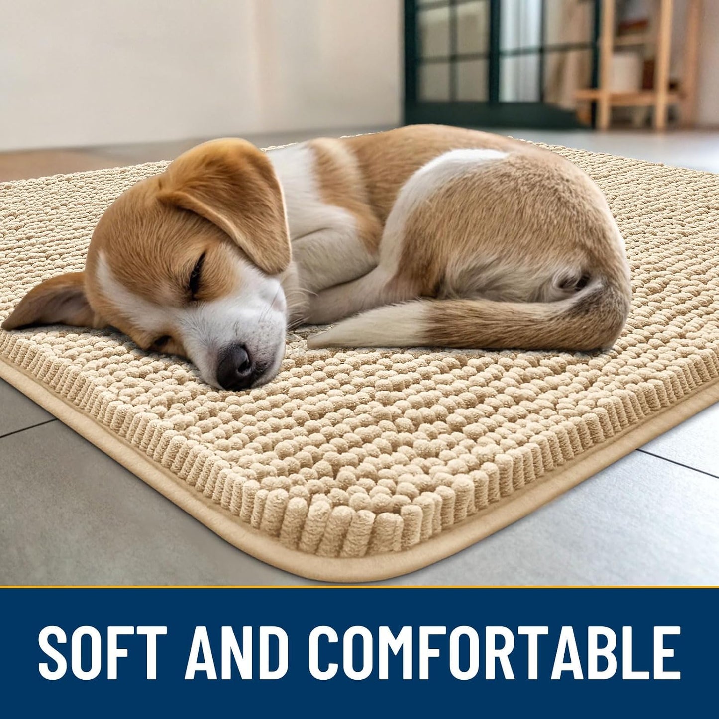 Smiry Dog Door Mat for Muddy Paws 59x35, Absorbs Moisture and Dirt Doormat, Non-Slip Washable Quick Dry Chenille Front Door Mat Indoor Entrance, Entryway Carpet for Inside Floor, Beige