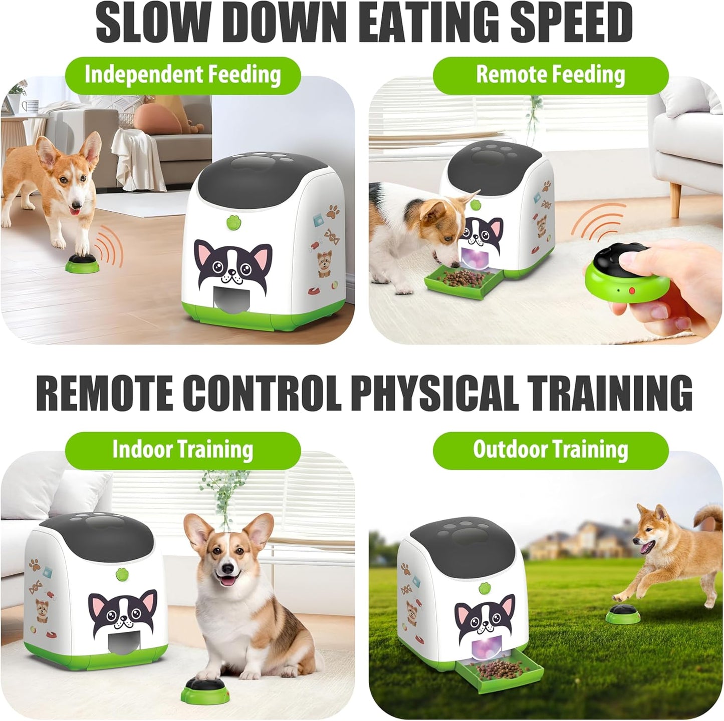 Dog Puzzle Feeder Toy, Automatic Dogs Treat Dispenser,Interactive IQ Training, Dog Slow Feeder,Remote Button Treat Dispenser,All Breeds,Large Capacity with Light (Green)