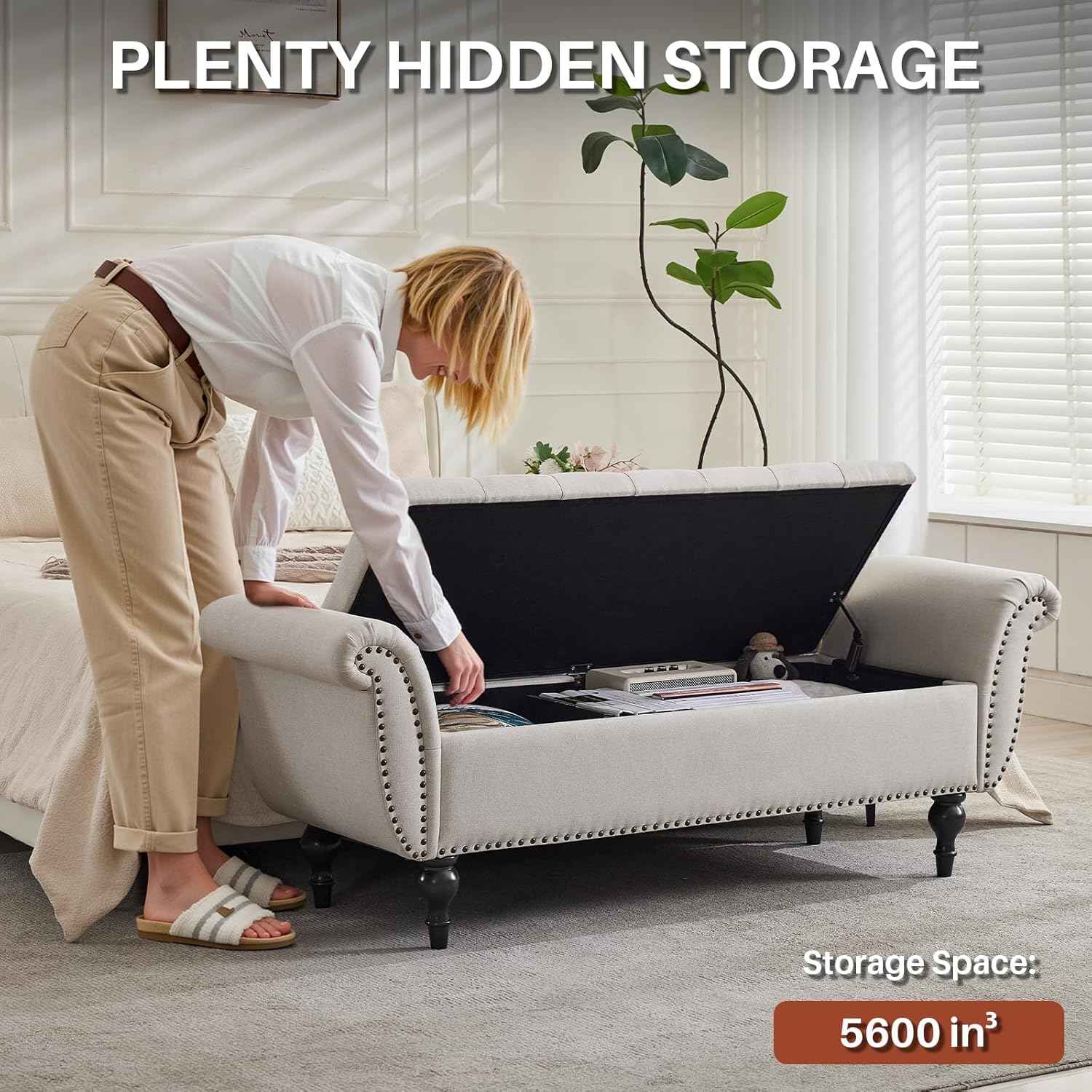 63.78" Ottoman with Storage, Storage Ottoman Bench with Safety Hinge, Upholstered Entryway Bench with Seating for Bedroom, Living Room, Holds Up to 700 Lb Beige