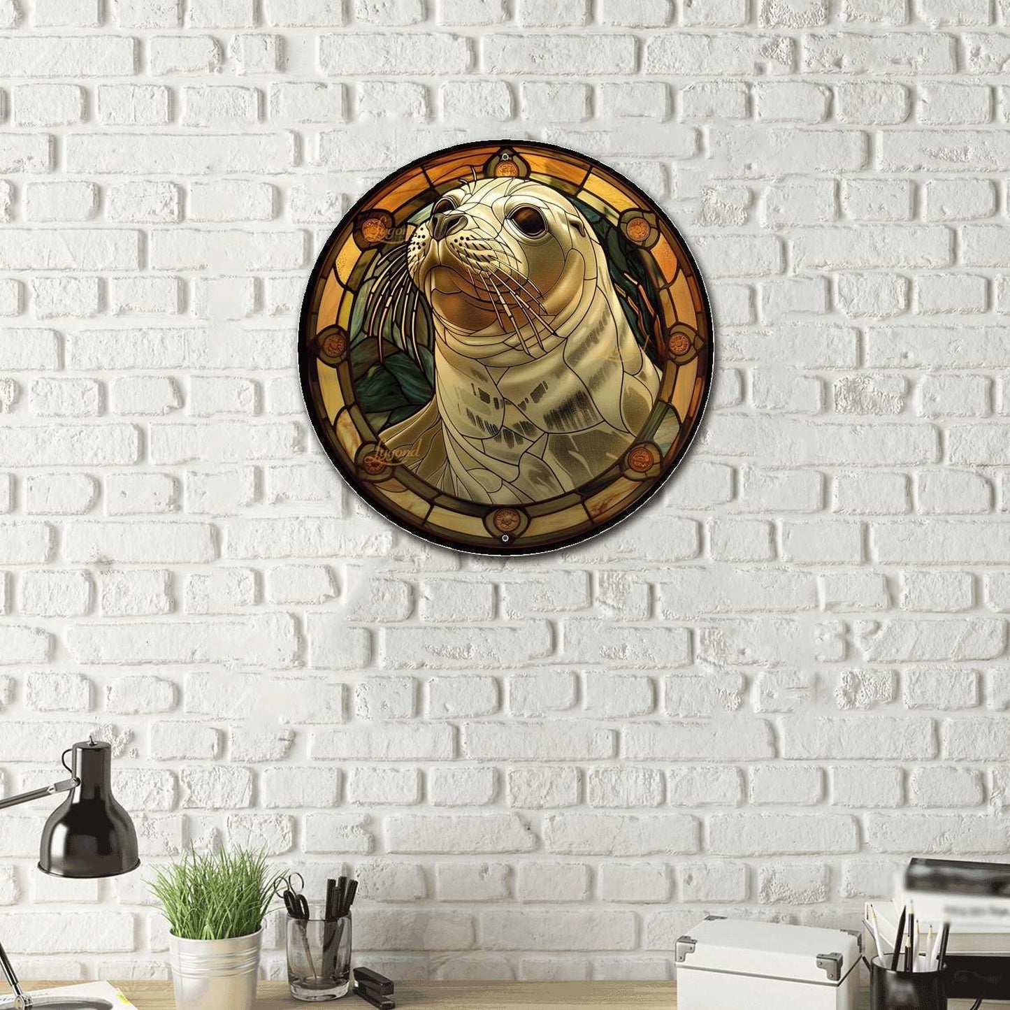 Lygond Metal Sign Tin Sign Circular Stained Glass Harbor Inspirational Wall Art for Bar 8×8 Inches