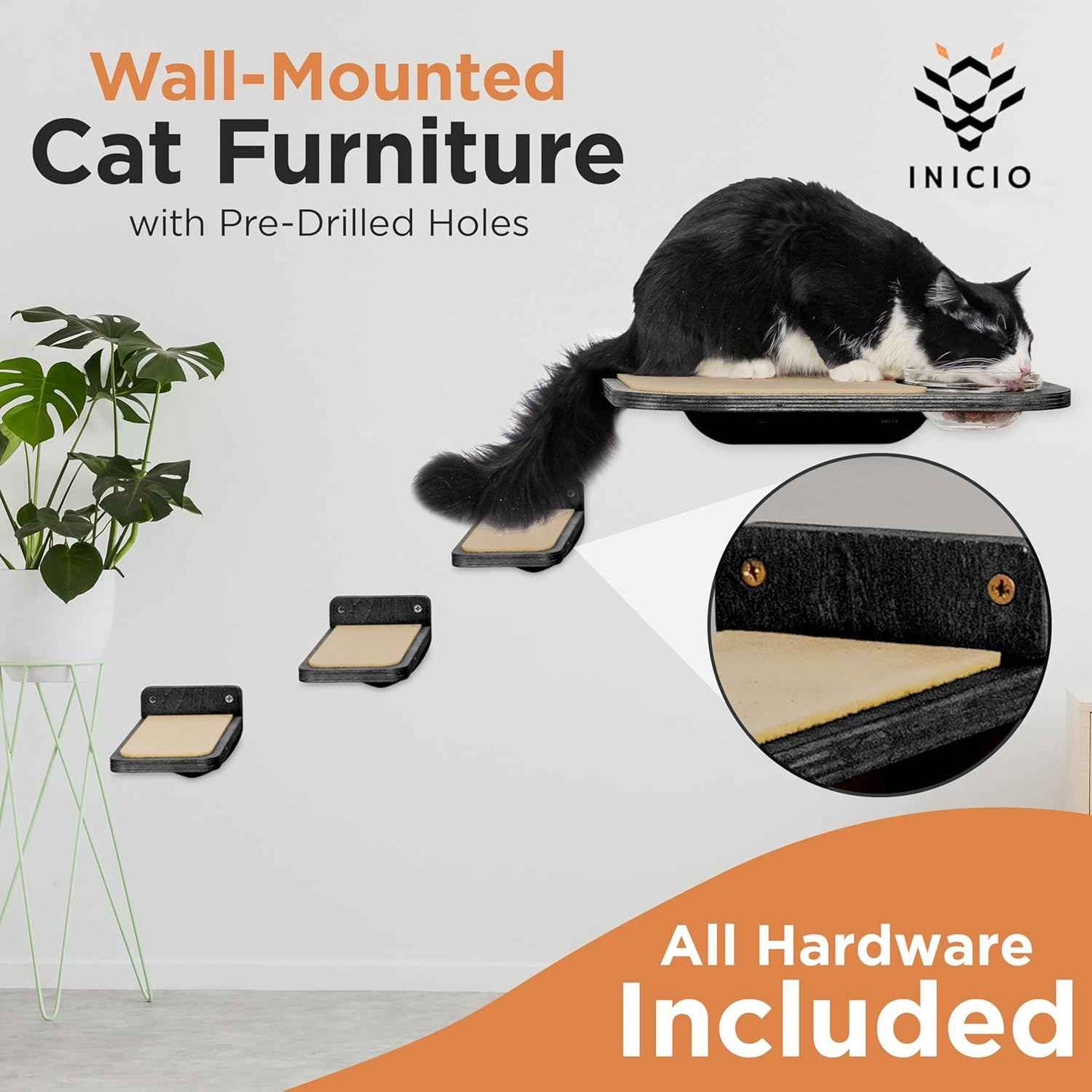 INICIO Cat Shelves – Dog Proof Feeding Station with Wall Mounted Shelves, 3 Steps for wall with Floating Shelf for Cats Up to 15lbs, Includes Cat Food Bowls for Convenient Feeding – Black