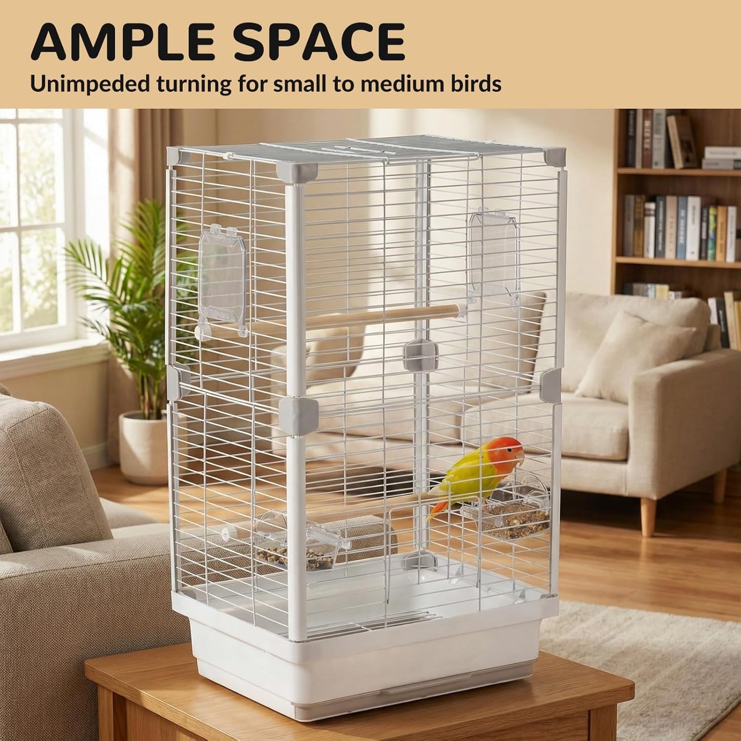 24" Portable Double-Layer Bird Cage, Travel Parrot Carrier with Handle for Vet Visits, Short Trips, White Metal Mesh Cage, for Parakeets, Cockatiels, Lovebirds, Small to Medium Birds