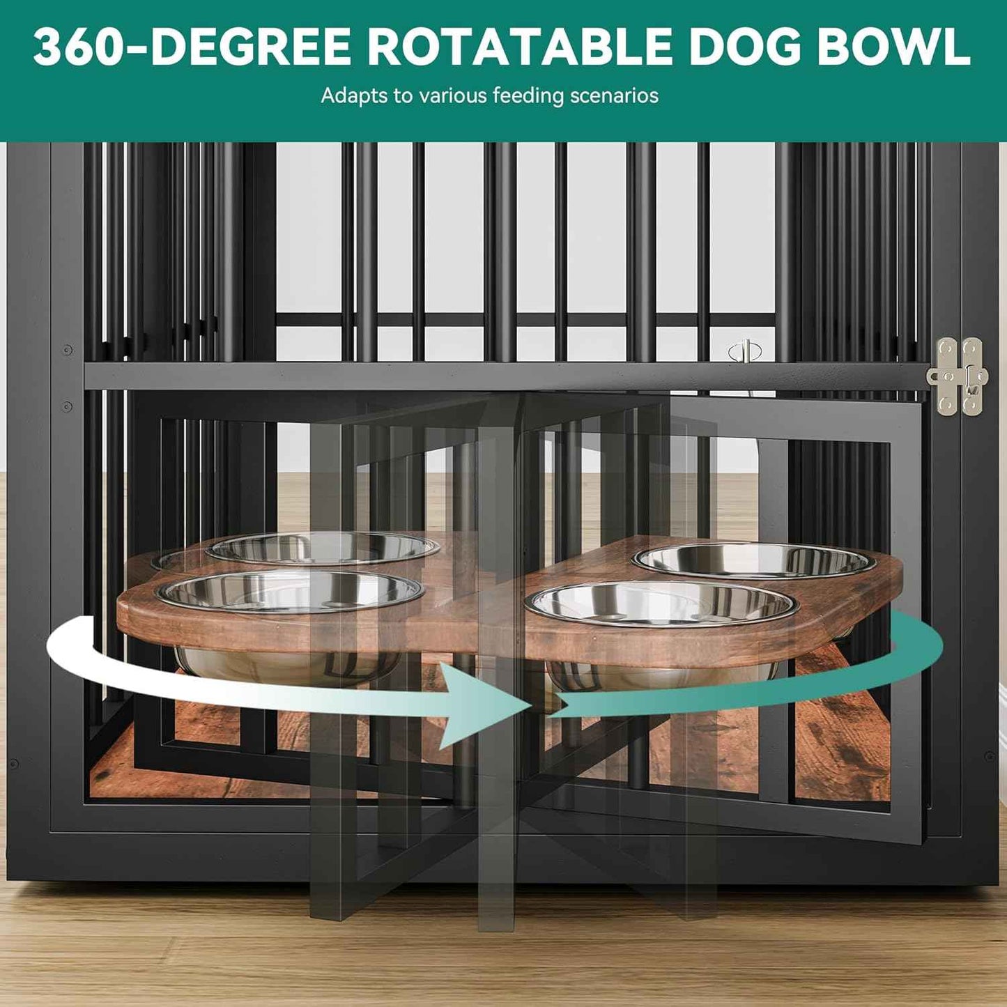 88.6" Large Dog Crate Furniture, Wooden Dog Kennel with Bowls & 3 Doors, Double Crate Furniture TV Stand for Medium Large Dogs, Brown