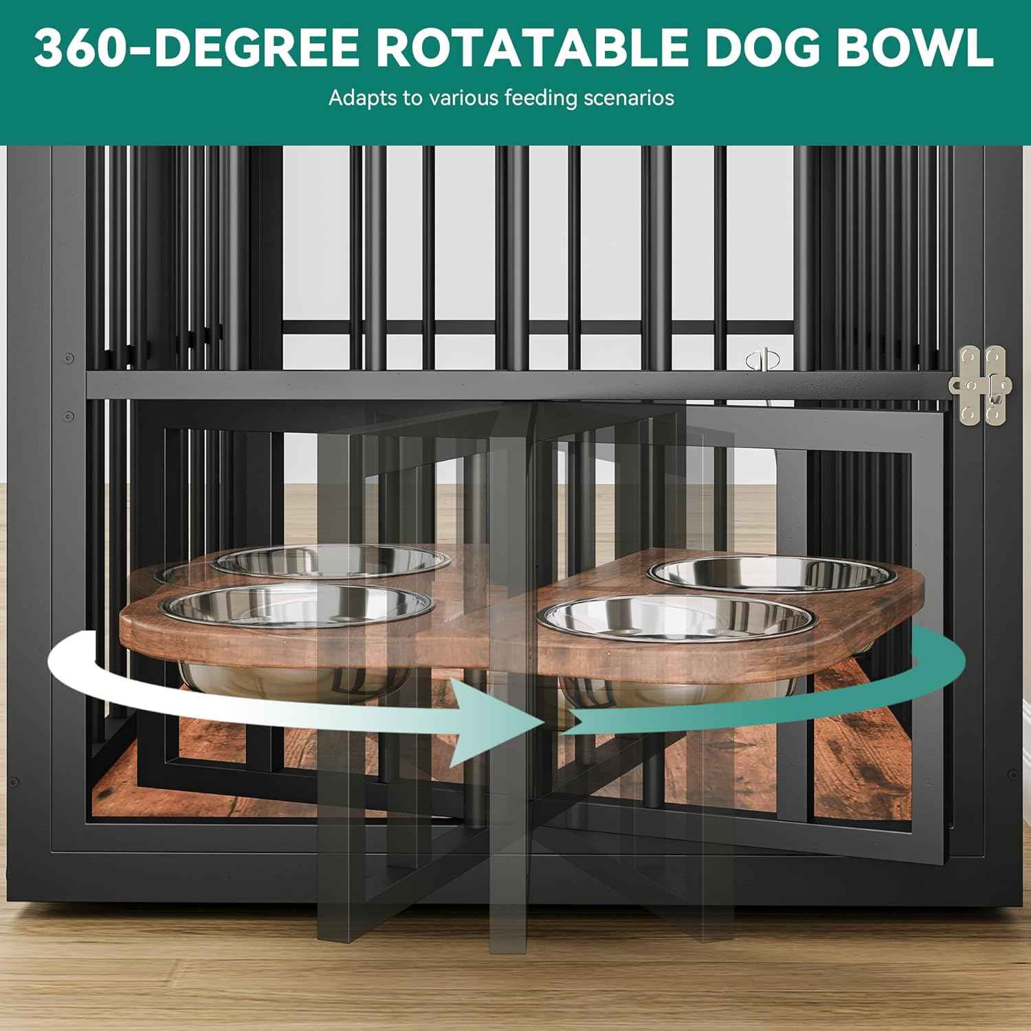 88.6" Large Dog Crate Furniture, Wooden Dog Kennel with Bowls & 3 Doors, Double Crate Furniture TV Stand for Medium Large Dogs, Brown