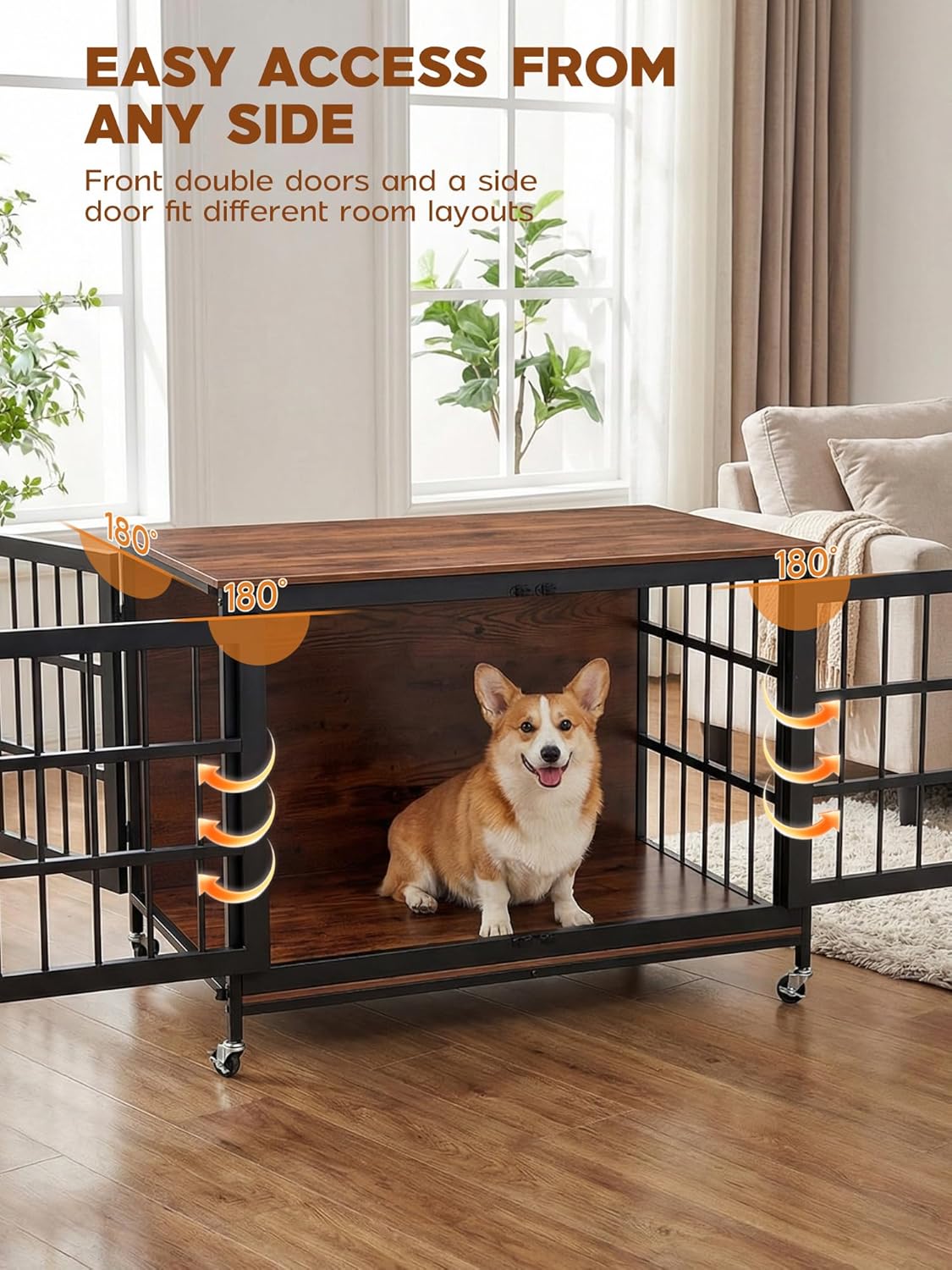 41 Inch Heavy Duty Dog Crate Furniture, Dog Kennel Furniture for Large and Medium Dogs, with Lockable Wheels & Adjustable Feet, Three-Door Metal&Wooden Cage House Furniture, Black