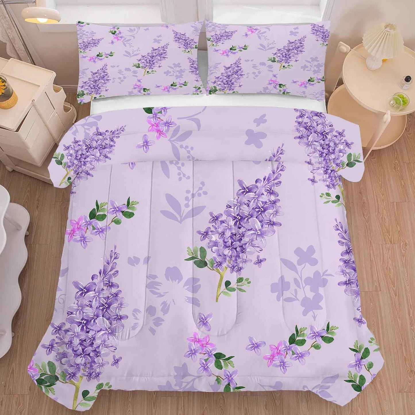 Floral Bedding Set Full : Purple Lilac Flower Comforter Set for Girls Women Kids Teens Bedroom Bed Bedspread Quilt,1 Comforter,2 Pillow Cases