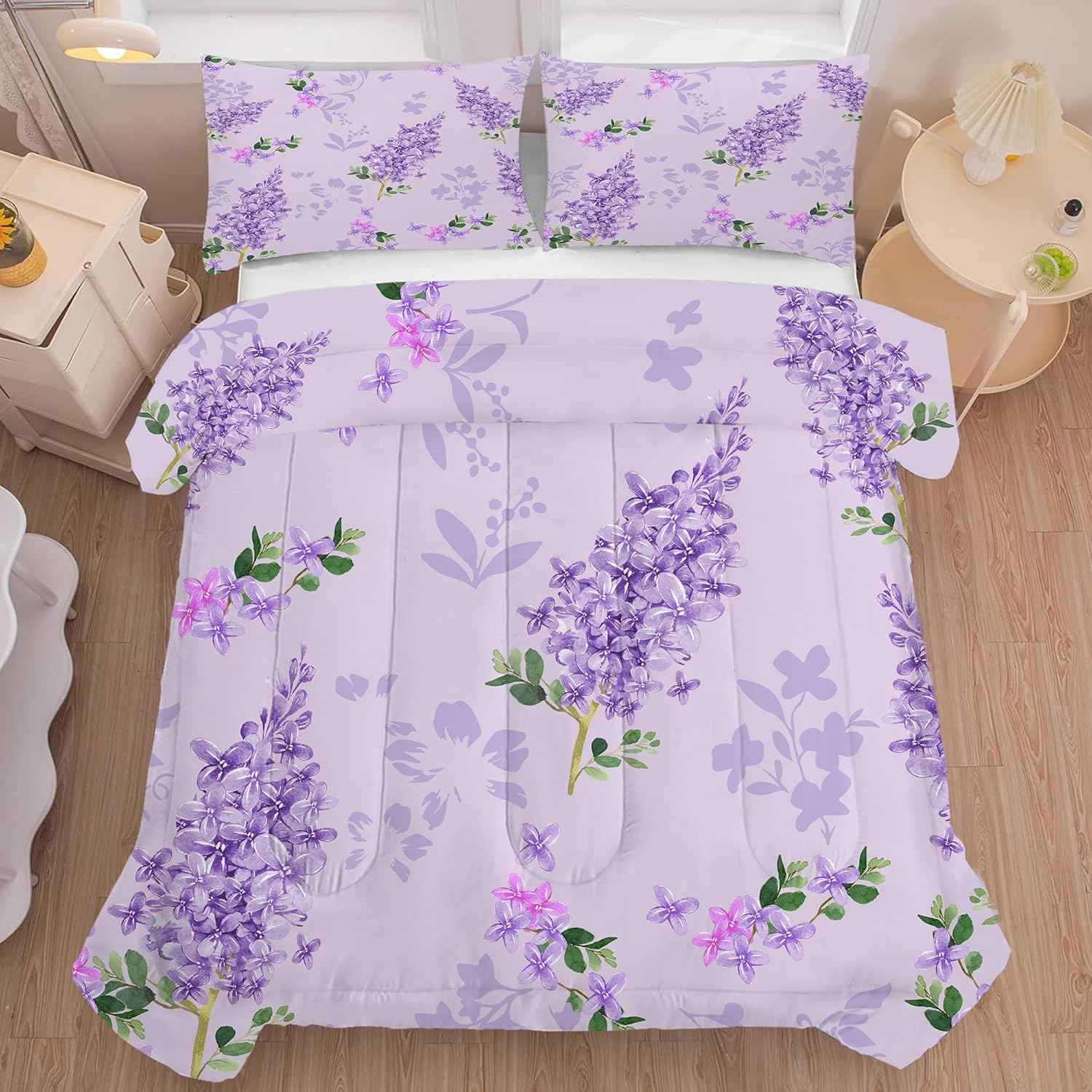 Floral Bedding Set Full : Purple Lilac Flower Comforter Set for Girls Women Kids Teens Bedroom Bed Bedspread Quilt,1 Comforter,2 Pillow Cases