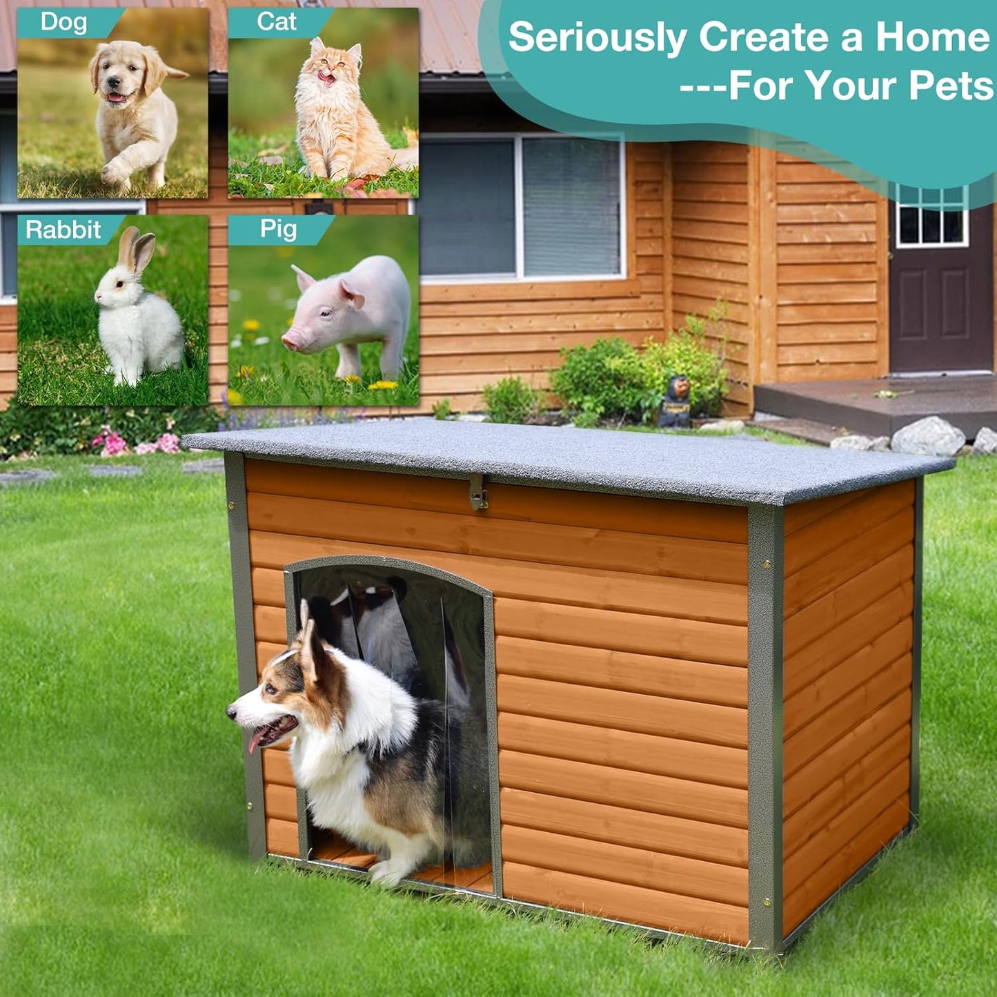 Indoor Outdoor Dog House,Anti-Chewing Iron Frame Dog Kennel,Wood Warm Pets Home,Weatherproof Outside Shelter (43.3" (L) x 29.4" (W) x 33.4" (H) Brown)