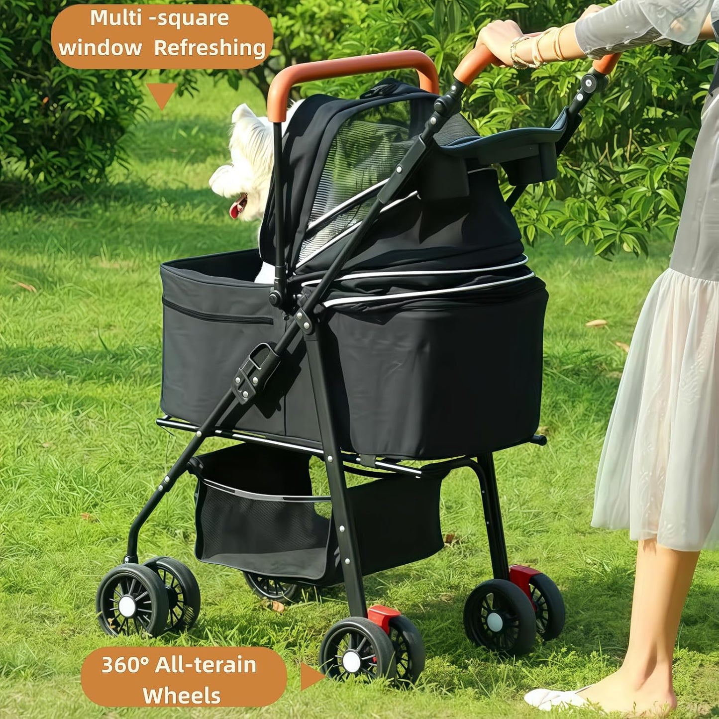 Pet Stroller for Medium Small Dogs/Cats - 4 Wheels Foldable Dog Stroller with Storage Basket,Dog/Cat Carrier,Adjustable Handle,Folding Puppy Carrier Suitable for Traveling with Cats and Dogs (Black)