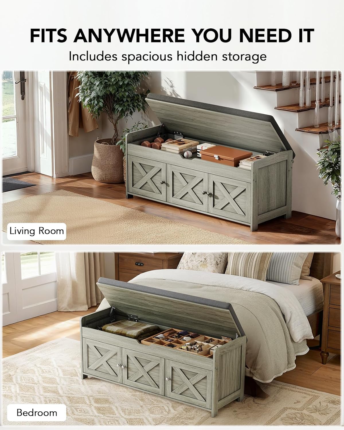 Amada Shoe Bench, Entryway Bench with Cushioned Seat & Lift Top Storage, 3 Doors, Adjustable Shelf, 300 lbs Capacity, Storage Bench with Shoe Rack for Entryway, Bedroom, Living Room, Gray