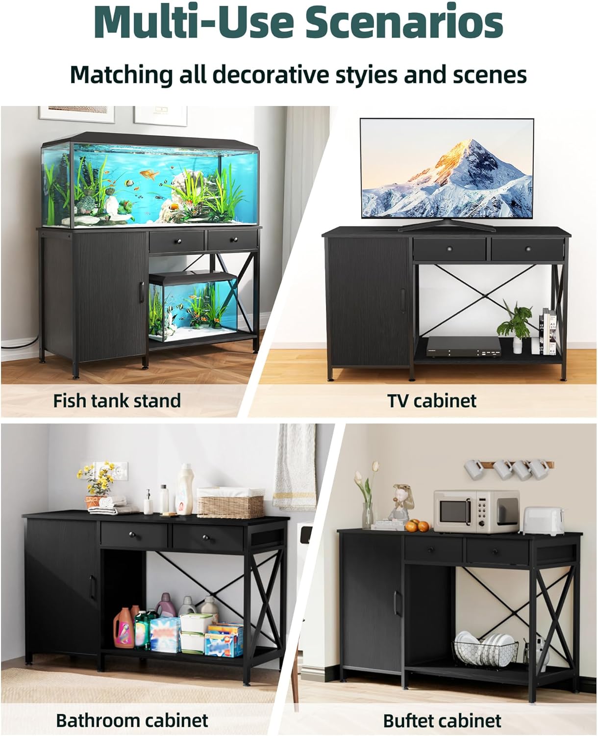 Fish Tank Stand for 55-75 Gallon Fish Tank: Aquarium Stand with Power Outlet - Metal 55 Gallon Tank Stand with Cabinet Drawer Storage for Turtle Tank, Reptile Terrarium (Black 1200LBS Capacity)