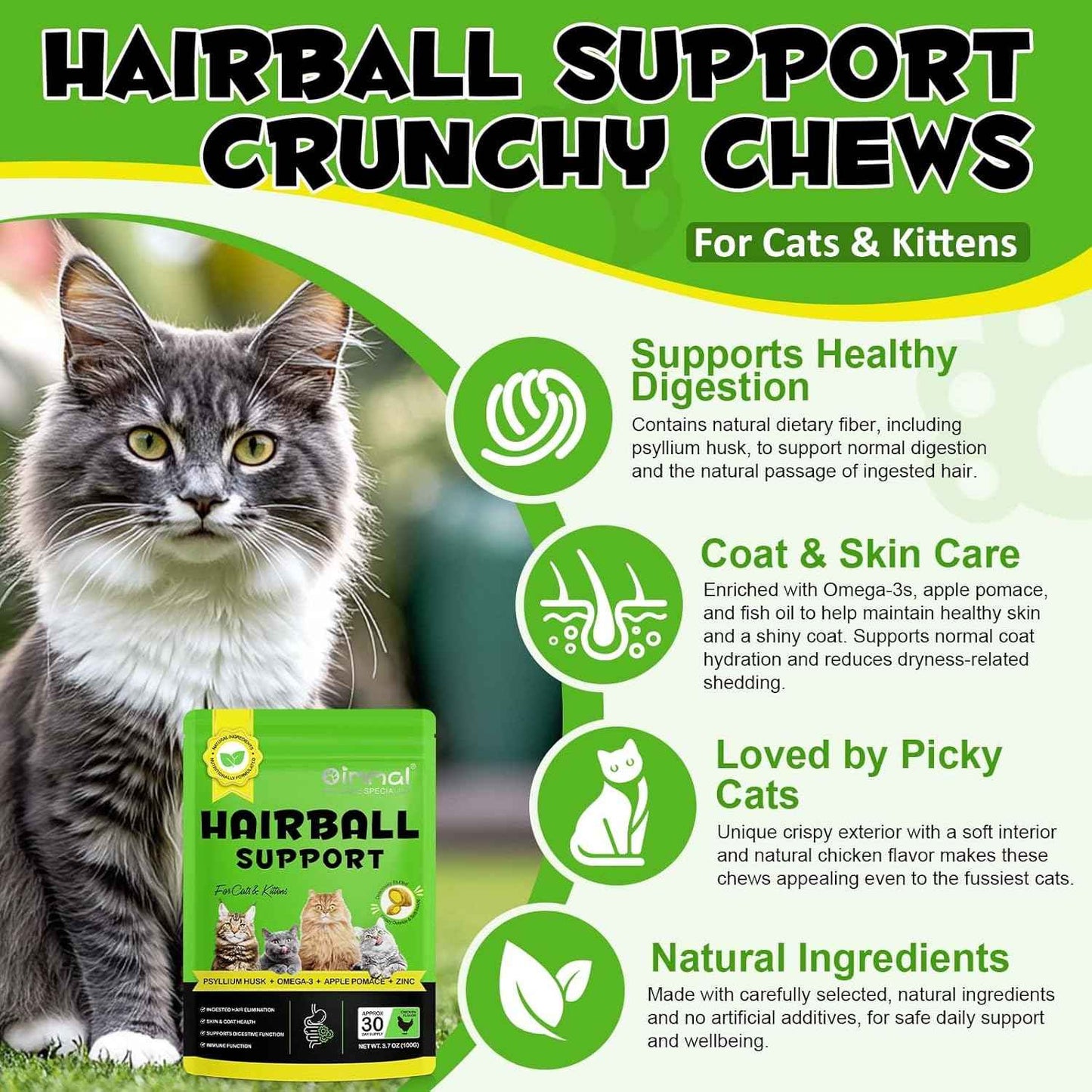 Hairball Treatment for Cats, Cat Treats Hairball Remedy Crunchy & Creamy Chews Supports Skin & Coat, Vitamins for Digestion, Chicken (30-Day Supply)