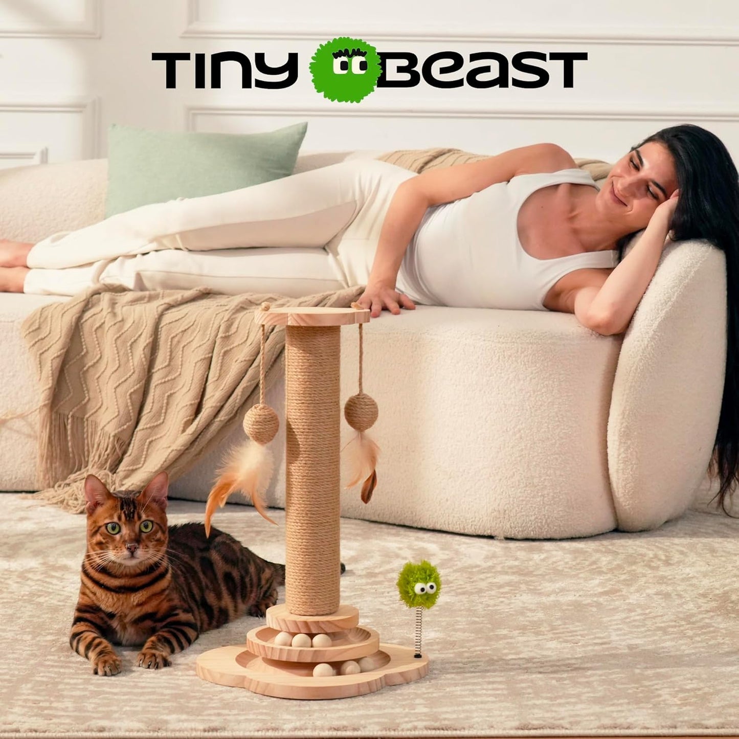 TINYBEAST Wooden Cat Scratching Post fot Kittens, 4 in 1 Cat Scratcher Toy with Cat Ball Tracks, 18" Tall Sisal Scratch Post for Indoor Kittens, Interactive Feather Toy and 2 Sisal Hanging Balls