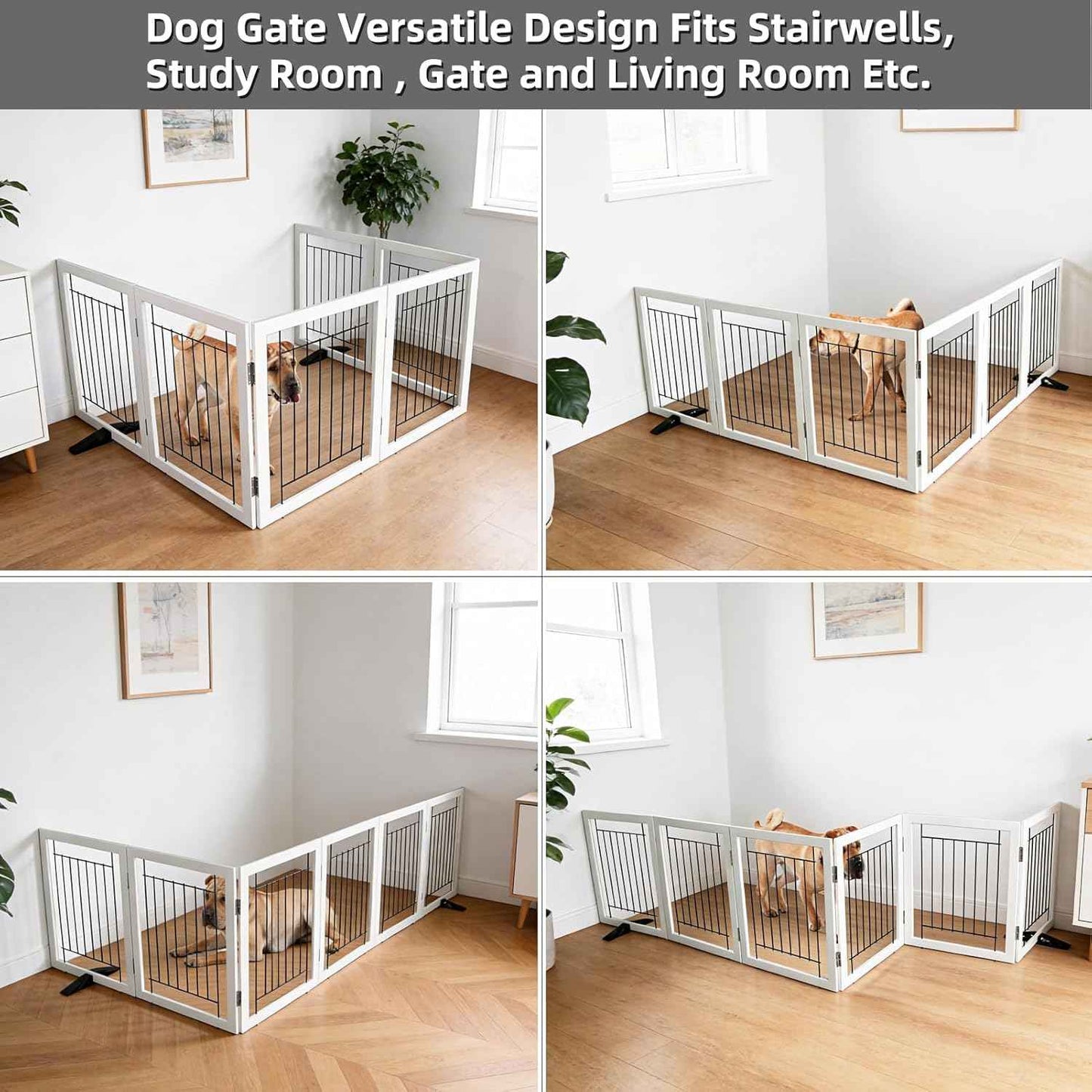 ZJSF Freestanding Dog Gate Indoor, Foldable Dog Fence for Doorways,Hallways or Stairs, Sturdy Wood Extra Wide Pet Gate with Support Feet,White,32 "Height-6 Panels