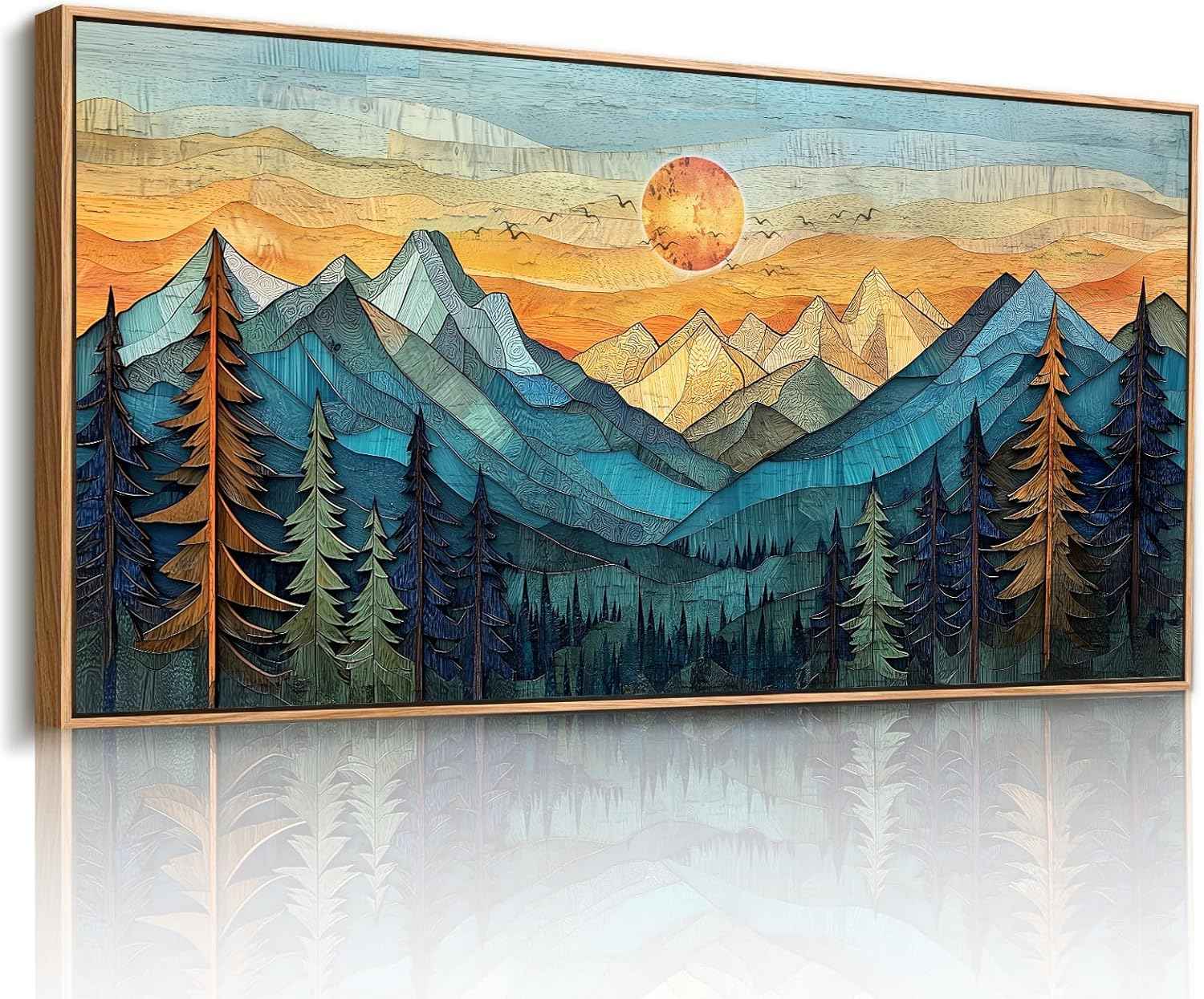 imjiayu Mountain Wall Art, Oversized Wall Art, Framed Artwork for Walls, Abstract Landscape Canvas Prints, Boho Sun Tree Paintings Wall Decor Living Room Bedroom Dining Room Home Office 29"x57"