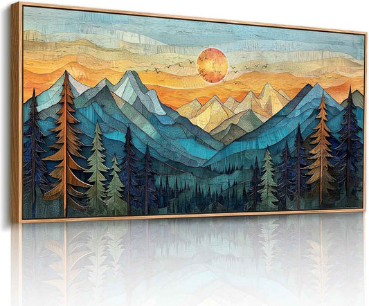 imjiayu Mountain Wall Art, Oversized Wall Art, Framed Artwork for Walls, Abstract Landscape Canvas Prints, Boho Sun Tree Paintings Wall Decor Living Room Bedroom Dining Room Home Office 29"x57"