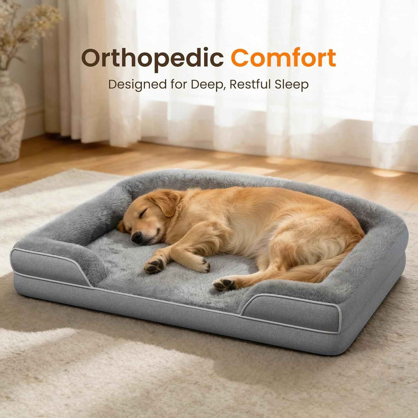 Orthopedic Dog Bed for Extra Large Dogs, 45 x 30 Inch Waterproof Egg Crate Foam XL Dog Couch Bed with Sides, Washable Removable Cover, Non Slip Bottom, Light Grey