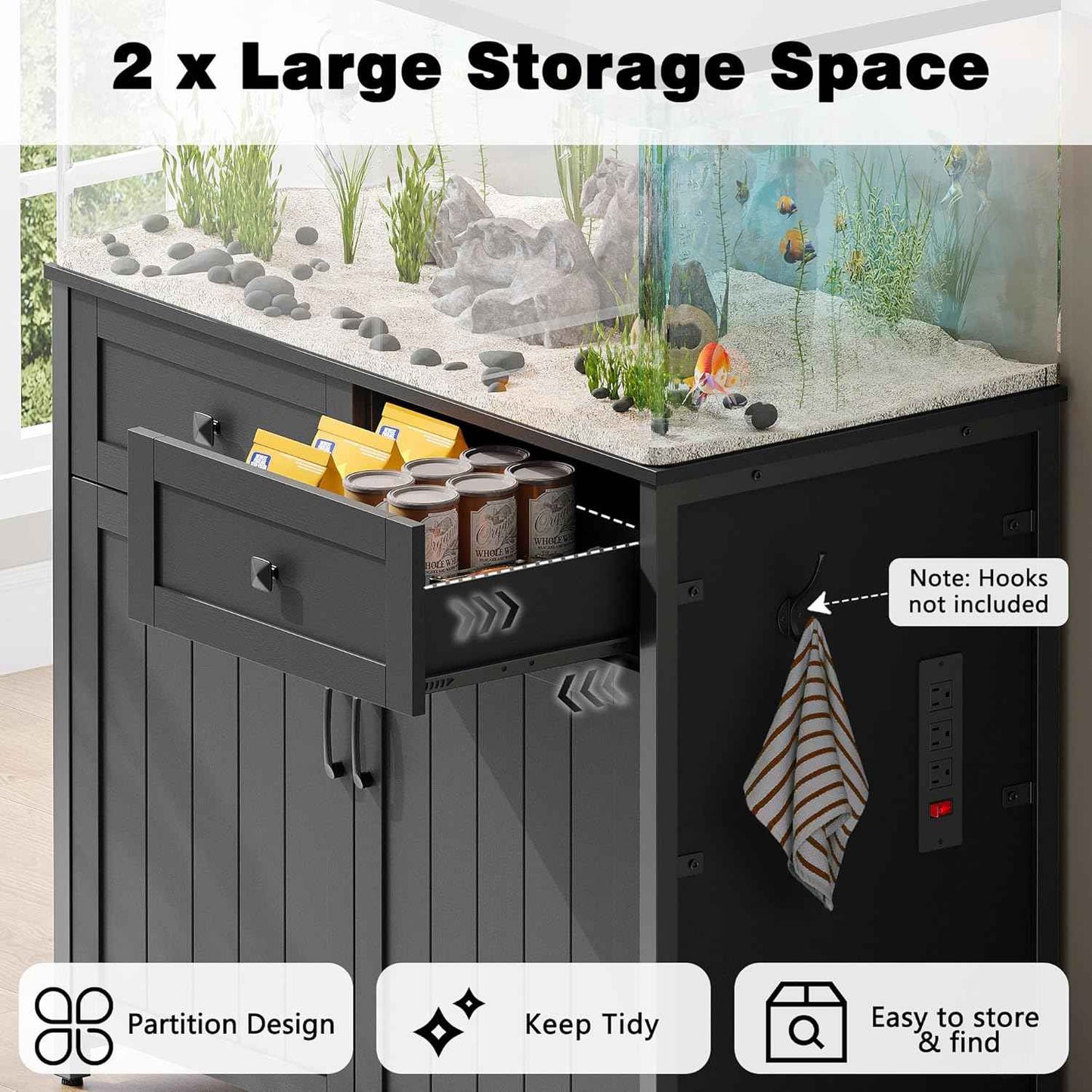 40-50 Gallon Aquarium Stand with Power Outlets, Cabinet for Fish Tank Accessories Storage, Heavy Duty Metal Fish Tank Stand Suitable for Turtle Tank, Reptile Terrarium, 660LBS Capacity, Black