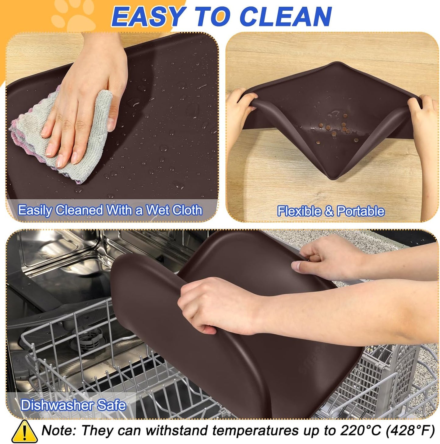 Silicone Pet Feeding Mat with Raised Edge for Food and Water, Dog Bowl Mats, Cat Bowls Placemat with High Lip for Floor Waterproof, Rubber Tray for Cats and Dogs 24 x 16 x0.8 Dark Brown