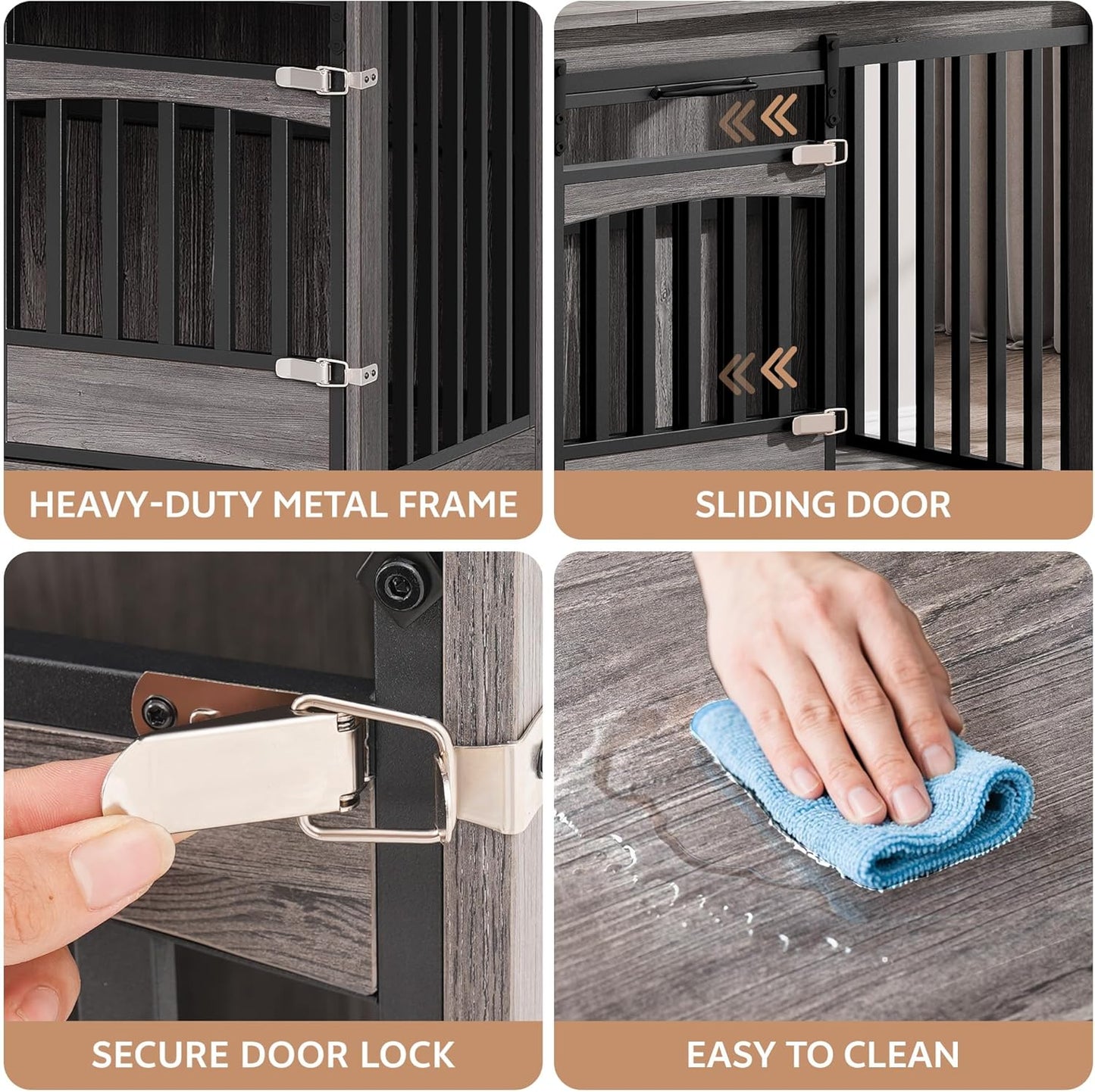 86.61" Large Double Dog Crate Furniture with 3 Storage Drawers Farmhouse Dog Kennel TV Stand Indoor for 2 Large Medium Dogs Decorative Dog Cage with Sliding Barn Door & Power Outlets Grey