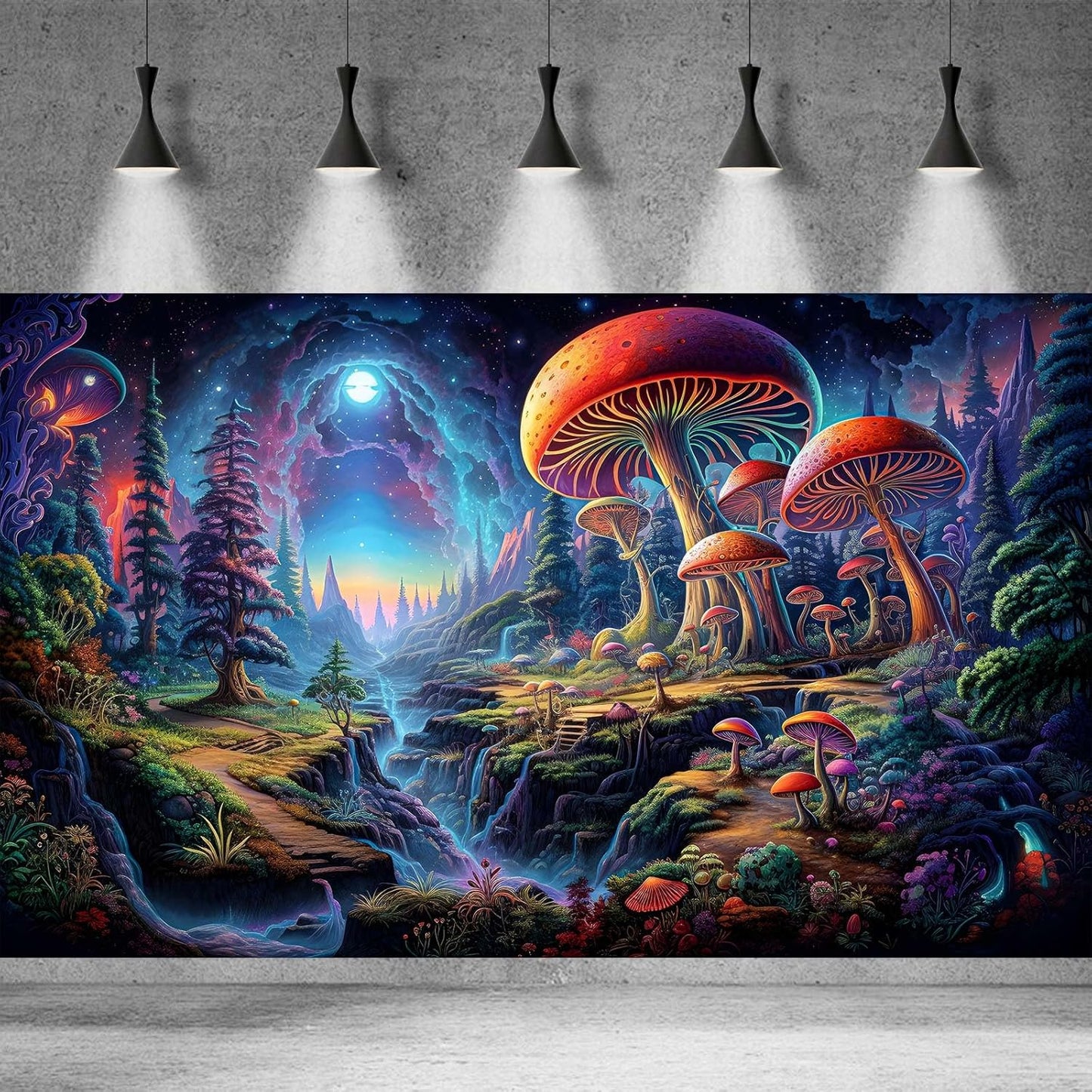 Forest Aquarium Background Fantastic Cartoon Forest Landscape with Mushrooms and Flowers Terrarium Background Fantasy Pine Tree Mysterious Mushroom Theme Fish Tank Backdrop Poster Decor 30x12in