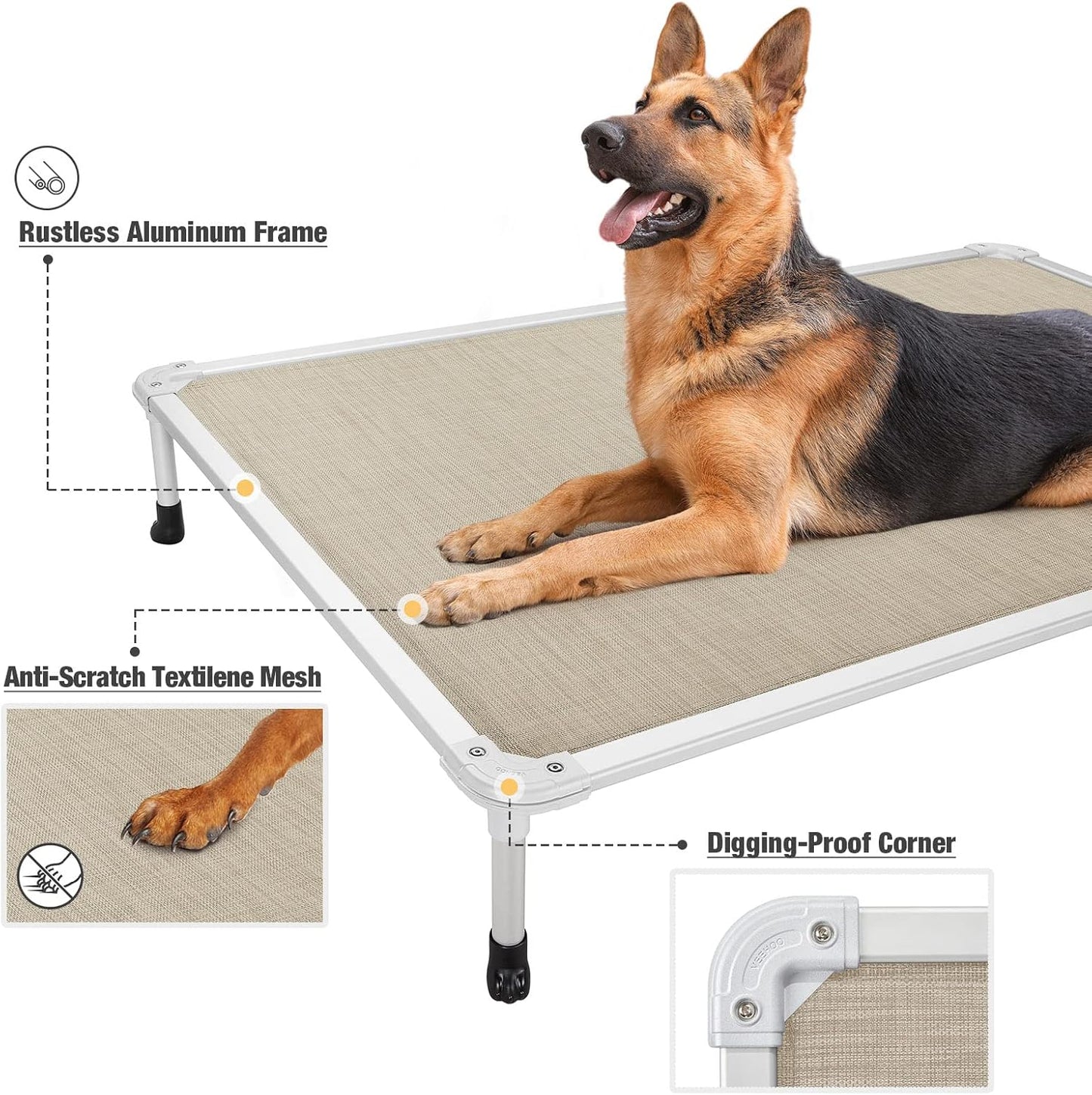 Veehoo Chew Proof Elevated Dog Bed - Cooling Raised Pet Cot - Silver Aluminum Frame and Durable Textilene Mesh Fabric, Unique Designed No-Slip Feet for Indoor or Outdoor Use, Beige Coffee, XX Large