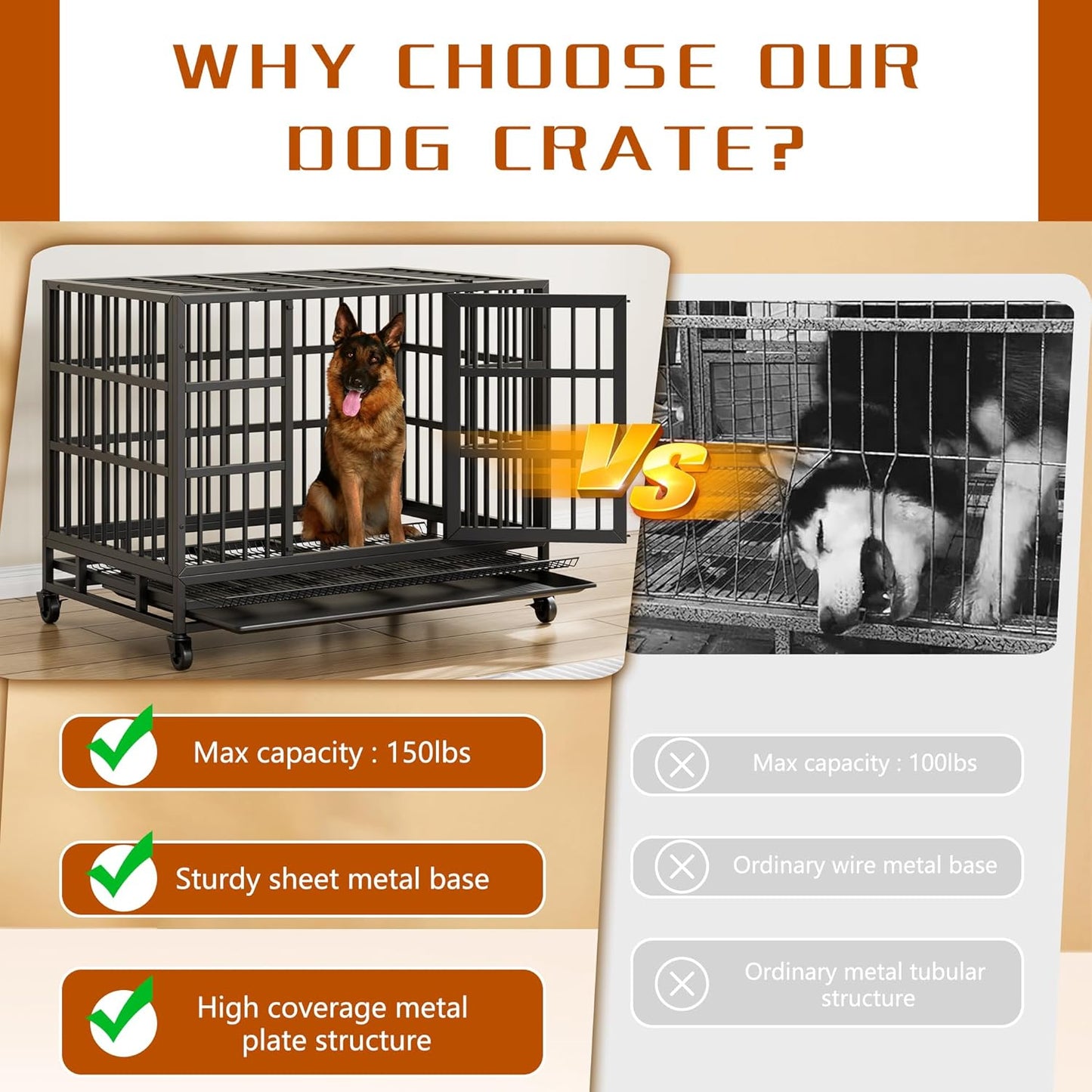 Vongrasig 38 Inch Heavy Duty Indestructible Dog Crate, Escape Proof Dog Cage Kennel with Lockable Wheels,High Anxiety Double Door Dog Cage,Extra Large XL XXL Crate Indoor for Large Dogs