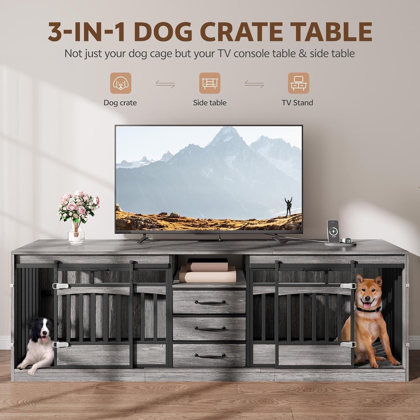 86.61" Large Double Dog Crate Furniture with 3 Storage Drawers Farmhouse Dog Kennel TV Stand Indoor for 2 Large Medium Dogs Decorative Dog Cage with Sliding Barn Door & Power Outlets Grey
