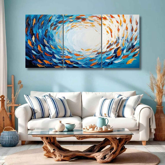 Tawinone School of Fish Wall Art, Abstract Colorful Fish Canvas Wall Art, Ocean Theme Decor, Nautical Wall Decor for Living Room, Bathroom, Bedroom (24" x 36" x 3 pcs)