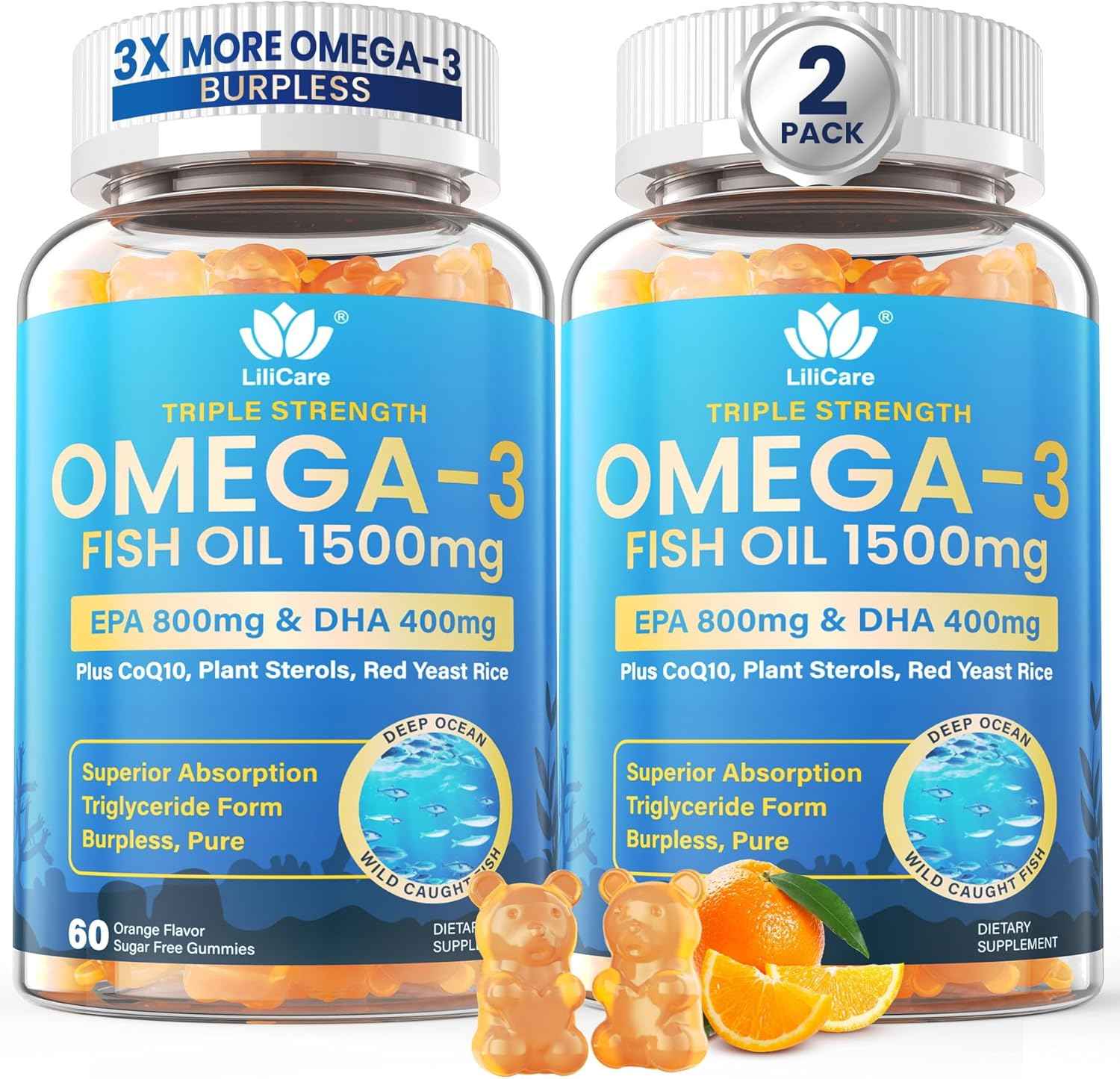 Fish Oil Omega 3 Gummies 1500mg for Adults - Triple Strength with EPA & DHA, COQ10, Red Yeast Rice - Wild Caught Omega 3 Fatty Acids Supplements for Hḙar-t & Brain - Sugar Free, Burpless, 120 Count