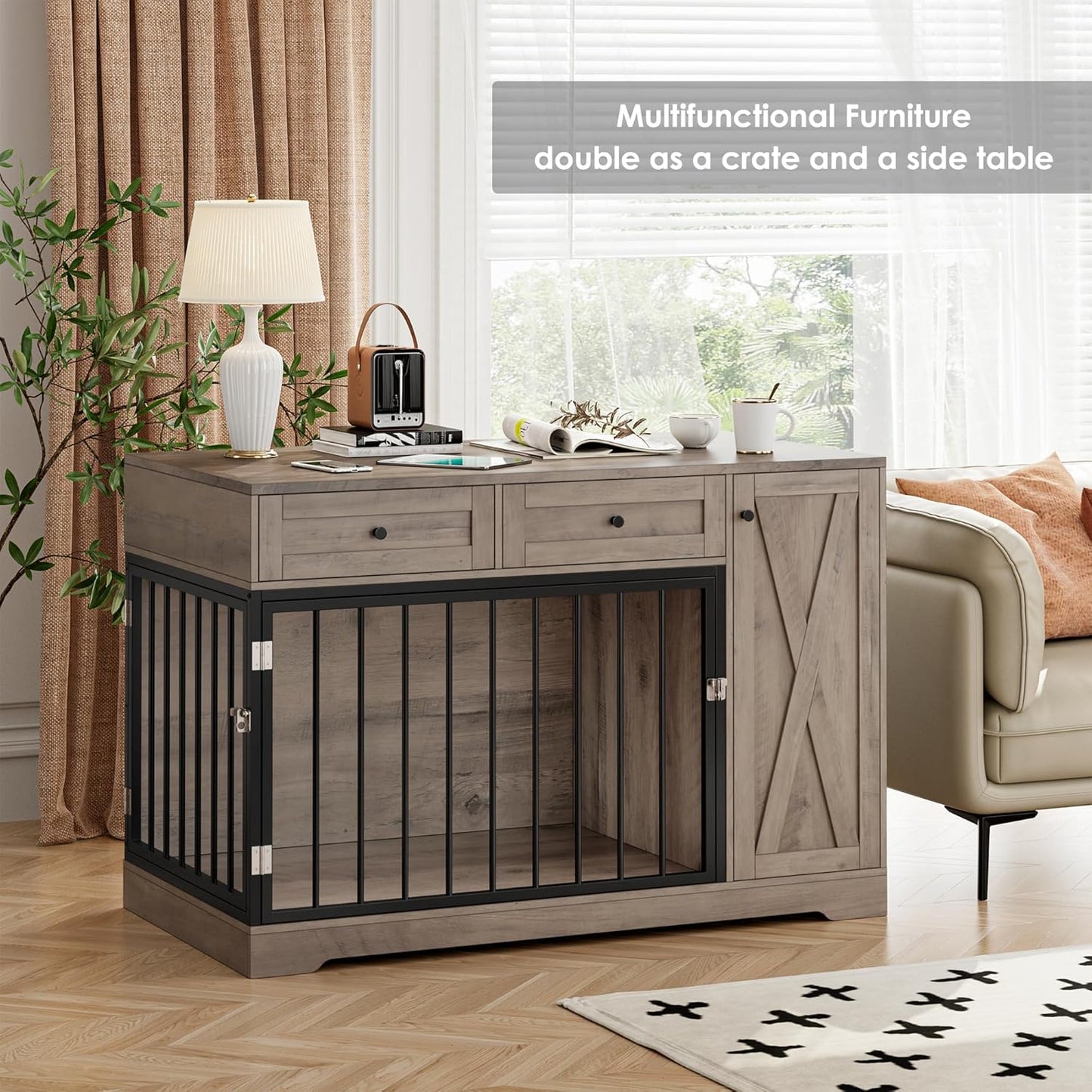 Dog Crate Furniture Kennel with Double Doors Wooden Pet House with 2 Drawers and Storage Cabinet, Indoor Dog Cage Farmhouse Modern Side End Table for Small Medium Dogs, Rustic