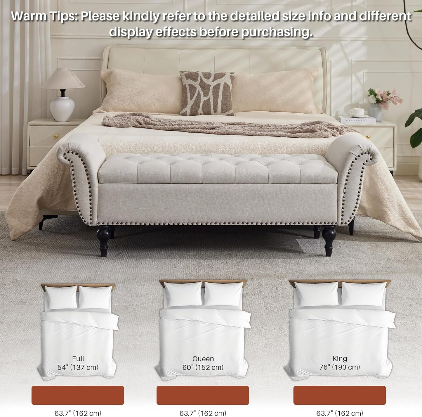 63.78" Ottoman with Storage, Storage Ottoman Bench with Safety Hinge, Upholstered Entryway Bench with Seating for Bedroom, Living Room, Holds Up to 700 Lb Beige