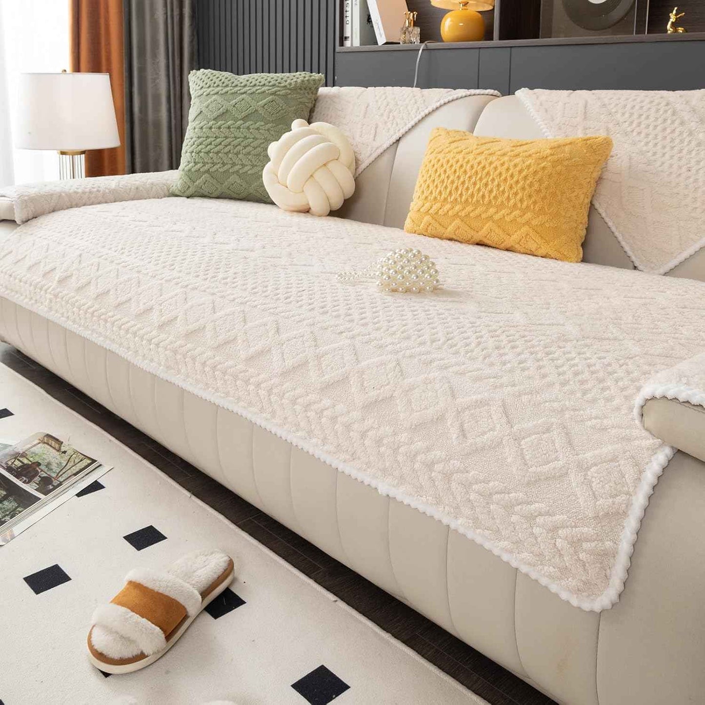 Geometric Jacquard Plush Warm Sofa Couch Cover, Soft Funny Fuzzy Couch Covers, Non Slip Sectional Sofa Slipcover, Cozy Washable Furniture Protector for Kids, Pets (Beige White, 36"x 94")