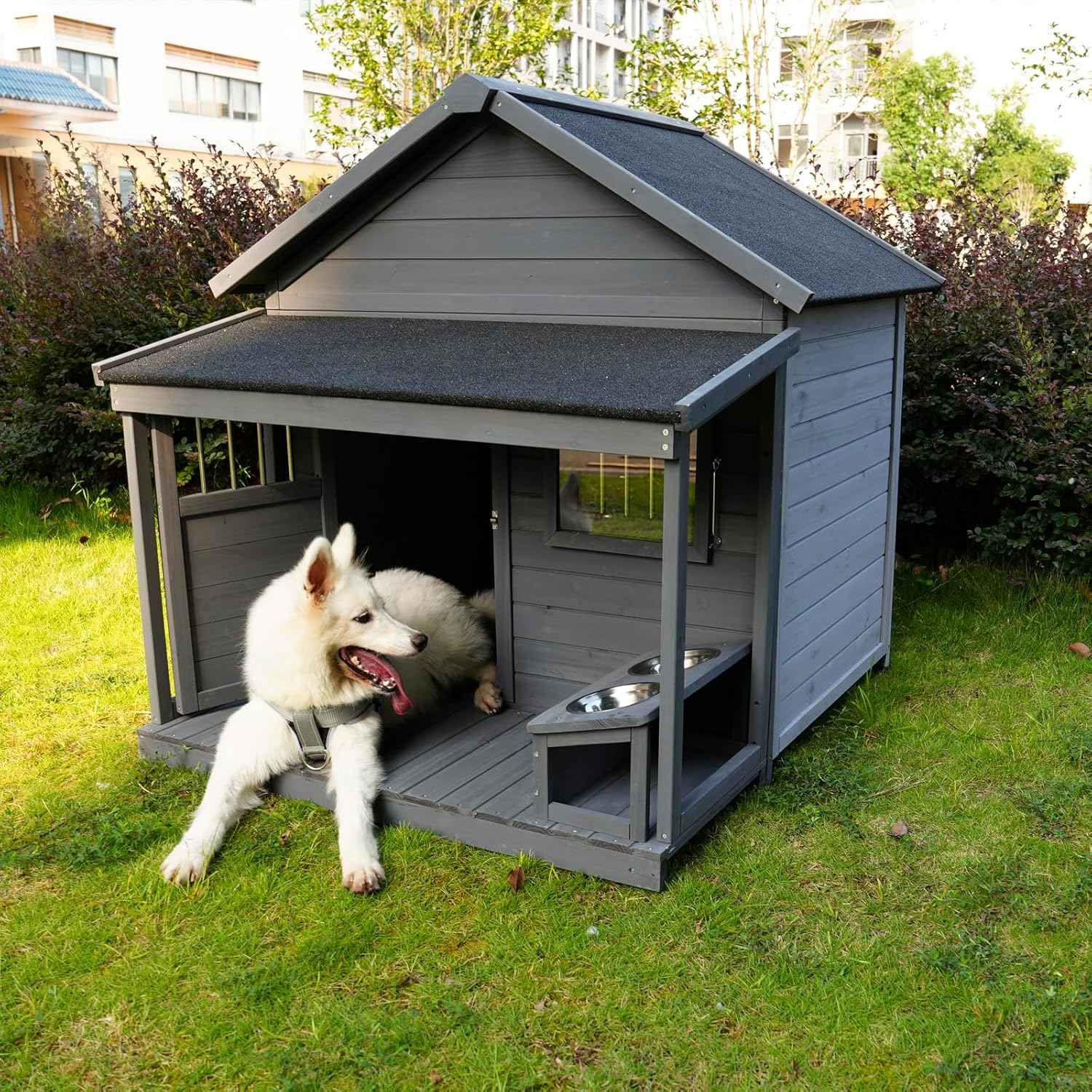 Large Outdoor Dog House, 44.2 x 44.6 x 44.6 inches, Weatherproof Wood Construction with Asphalt Roof, Covered Terrace, Gray(00004)