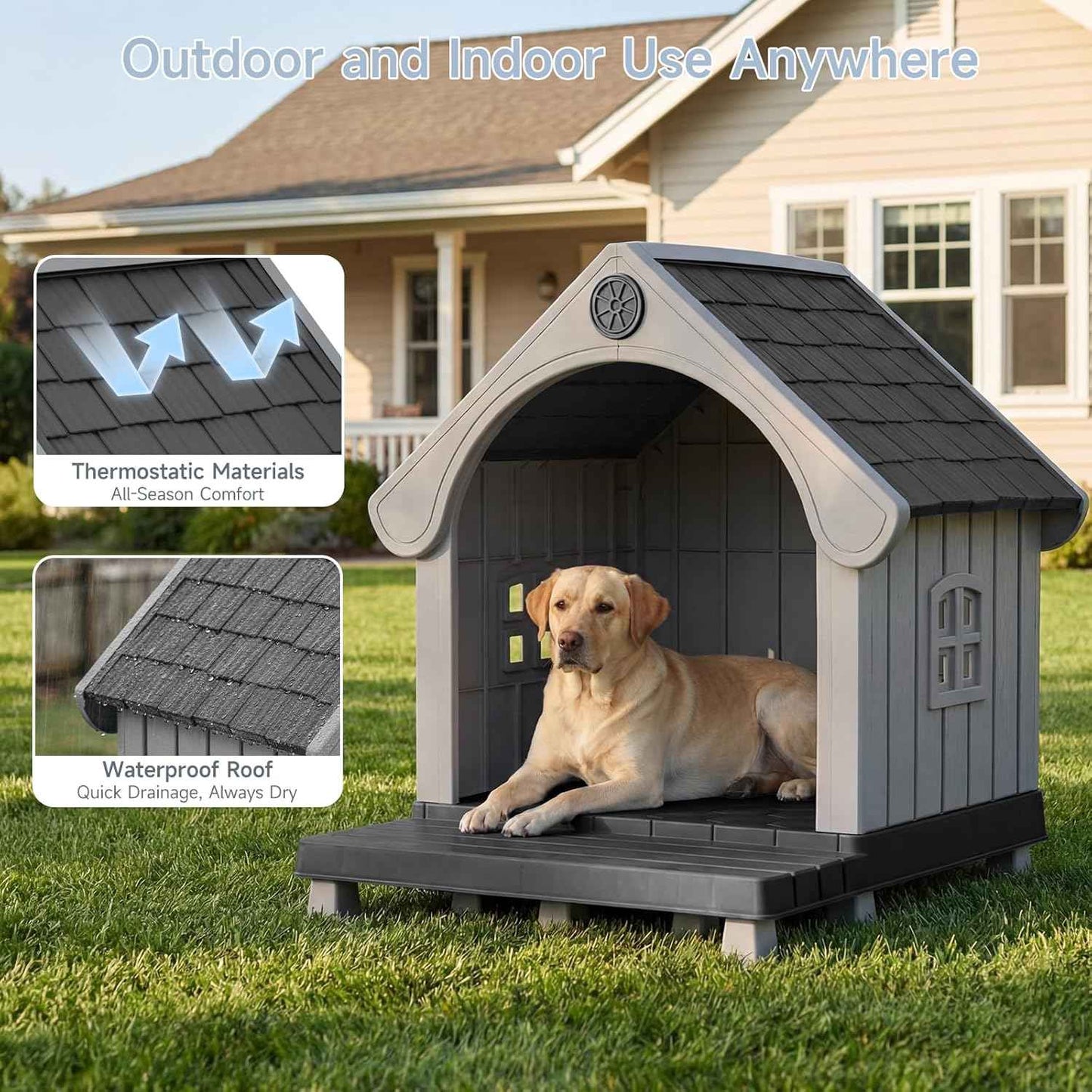 Dog House Outdoor Indoor Waterproof, Plastic Large Dog House with Elevated Floor and Air Vents, Sturdy Puppy Shelter for Large Medium Dog, Easy to Assemble, (Black 38×37×33 Inches)