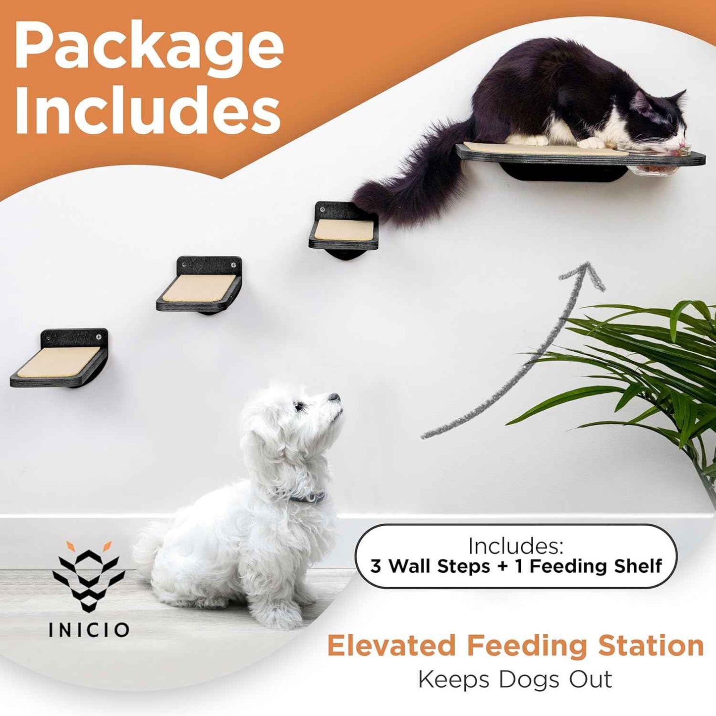 INICIO Cat Shelves – Dog Proof Feeding Station with Wall Mounted Shelves, 3 Steps for wall with Floating Shelf for Cats Up to 15lbs, Includes Cat Food Bowls for Convenient Feeding – Black