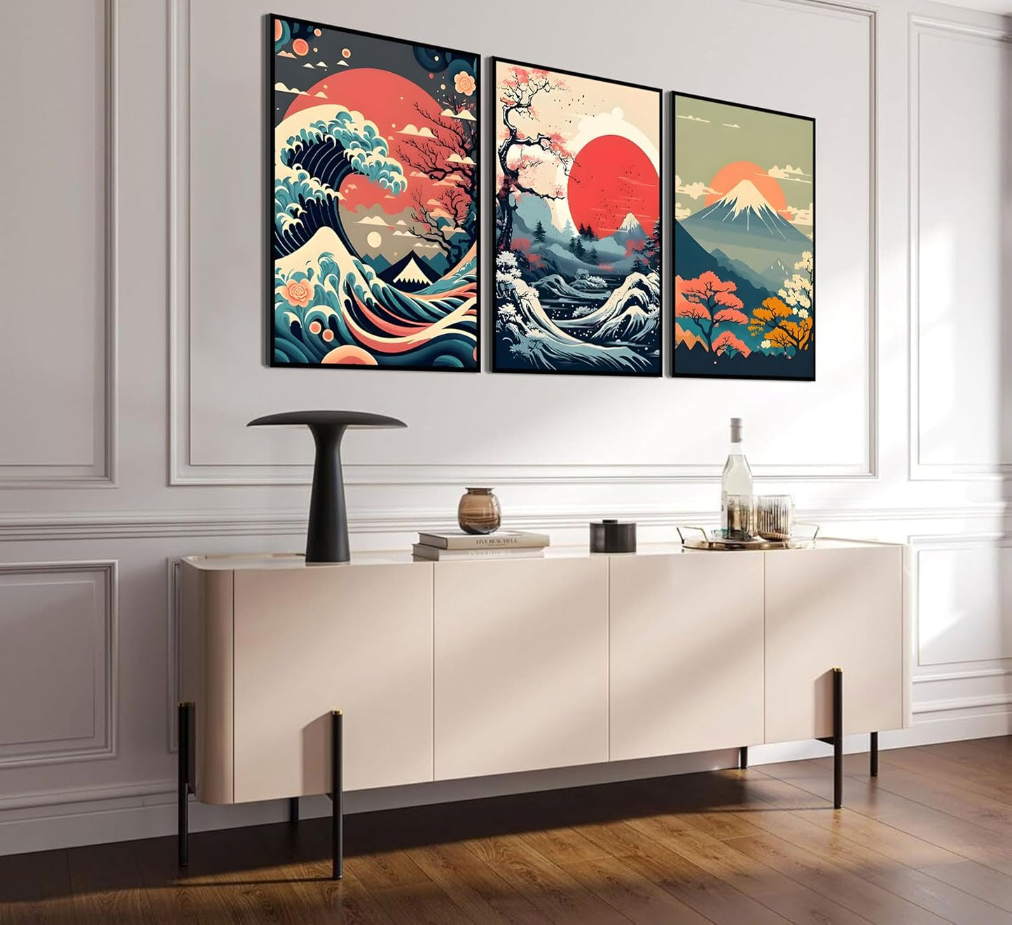 HOYXHKMT 3Pcs Japanese Wall Art Japanese Fuji Wall Decor Asian Nature Landscape Posters Pictures Kanagawa Giant Wave Canvas Prints Cherry Blossom Lake Painting for Living Room Bedroom Office Unframed