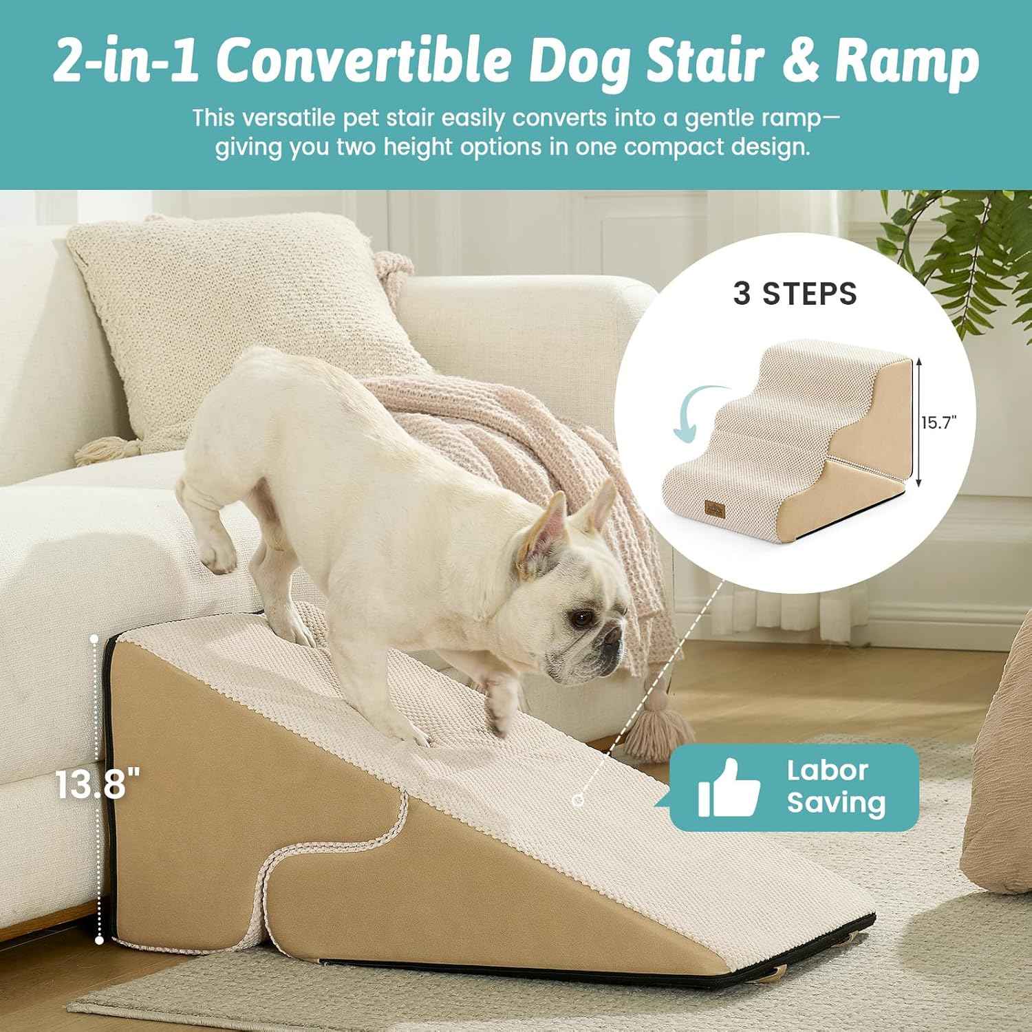 COZY KISS Dog Stairs for Small Dogs, 3-Step 2 in 1 Transformable Pet Stairs for Couch and Bed, 15.7" H Dog Steps for Old Cats, Puppy, Small Dogs (Beige, 15.7x22.4x15.7 in, 3.0)
