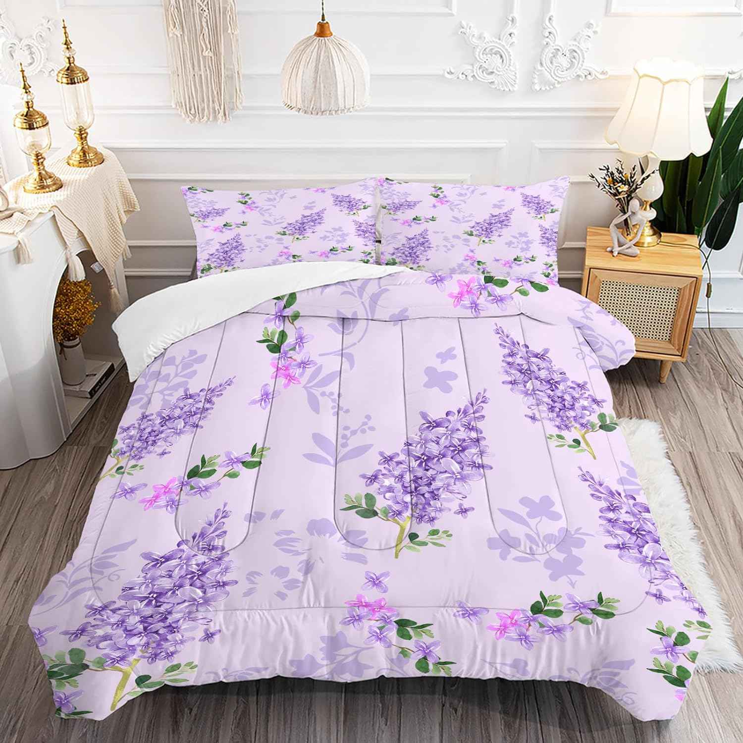 Floral Bedding Set Full : Purple Lilac Flower Comforter Set for Girls Women Kids Teens Bedroom Bed Bedspread Quilt,1 Comforter,2 Pillow Cases