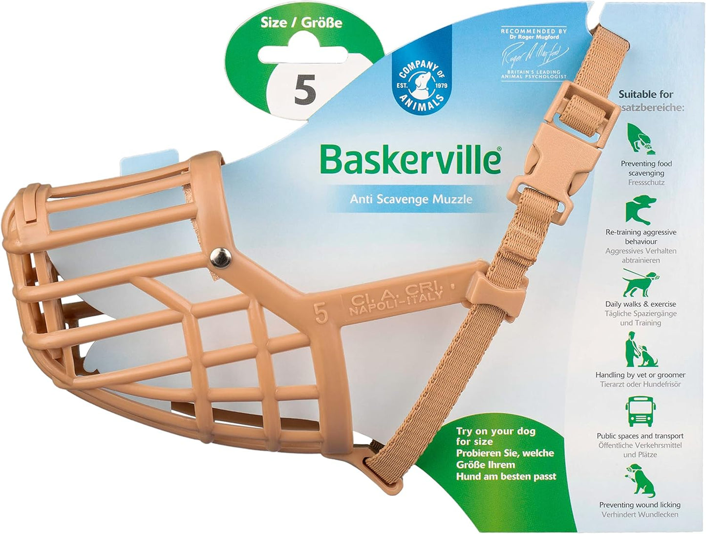 Safe Baskerville Anti SCAVENGE Muzzle, Size 5, Dog can Pant and Drink, Prevents Biting and Food Waste Scavenging, Ideal for Longer Nosed Dogs, Breathable Dog Training Muzzle for Medium Dogs