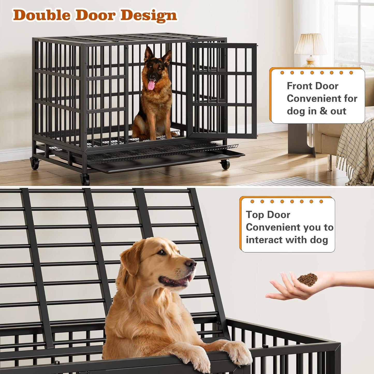 Vongrasig 38 Inch Heavy Duty Indestructible Dog Crate, Escape Proof Dog Cage Kennel with Lockable Wheels,High Anxiety Double Door Dog Cage,Extra Large XL XXL Crate Indoor for Large Dogs