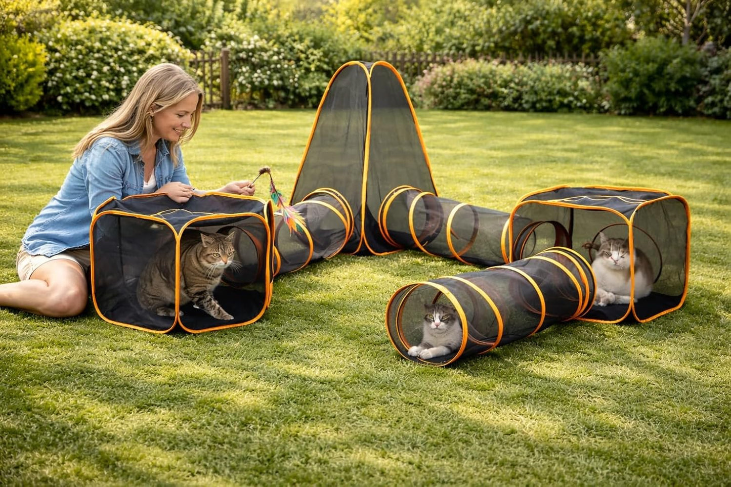 Outdoor Cat Tunnel Playset with Pop-Up Cubes & Tent – Portable Mesh Cat Playpen for Yard, Secure Enclosed Tunnel System for Cats, Kittens, Rabbits & Small Pets