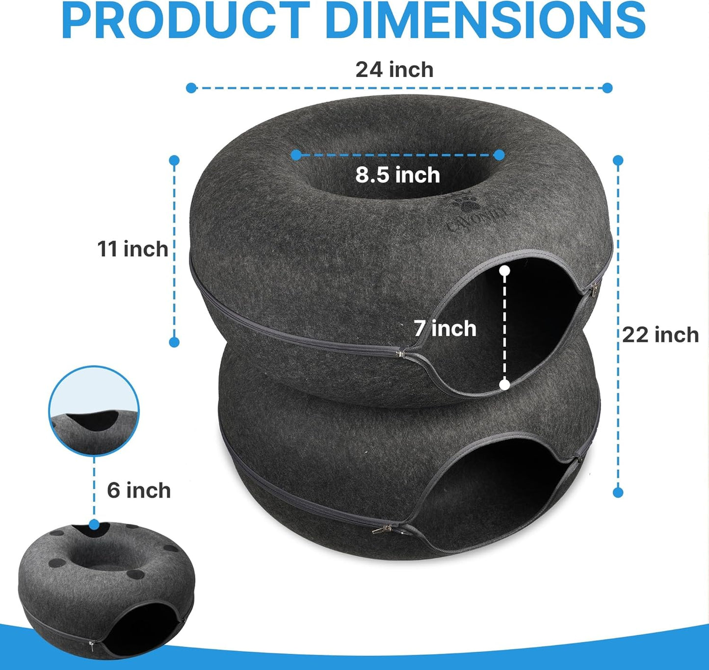 2-Level Detachable Large Cat Tunnel Bed for Indoor Cats, Scratch-Resistant Felt Donut Cat Cave, Supports Up to 30 lbs, Peekaboo Cat Tube (Dark Grey, L 24 x 24 x 22 in)