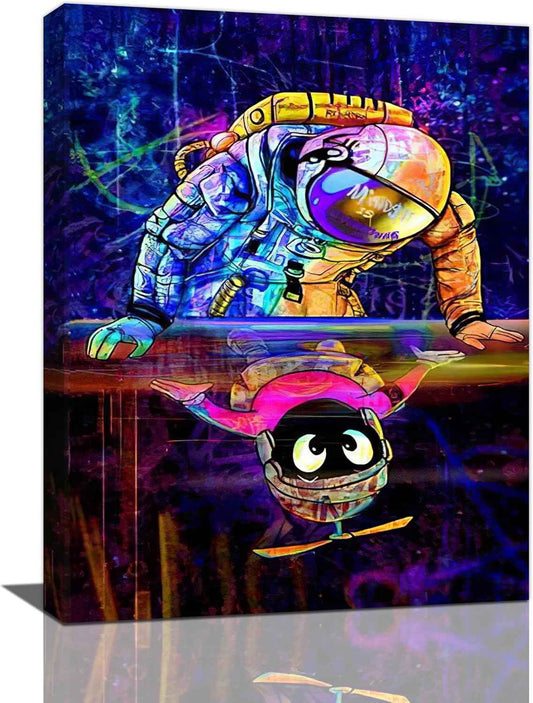 Banksy Astronaut Canvas Wall Art Space Street Graffiti Pictures Wall Decor Abstract Colorful Spaceman Artwork Painting Framed Poster Print for Home Living room Bedroom Bathroom Office 12"X16"